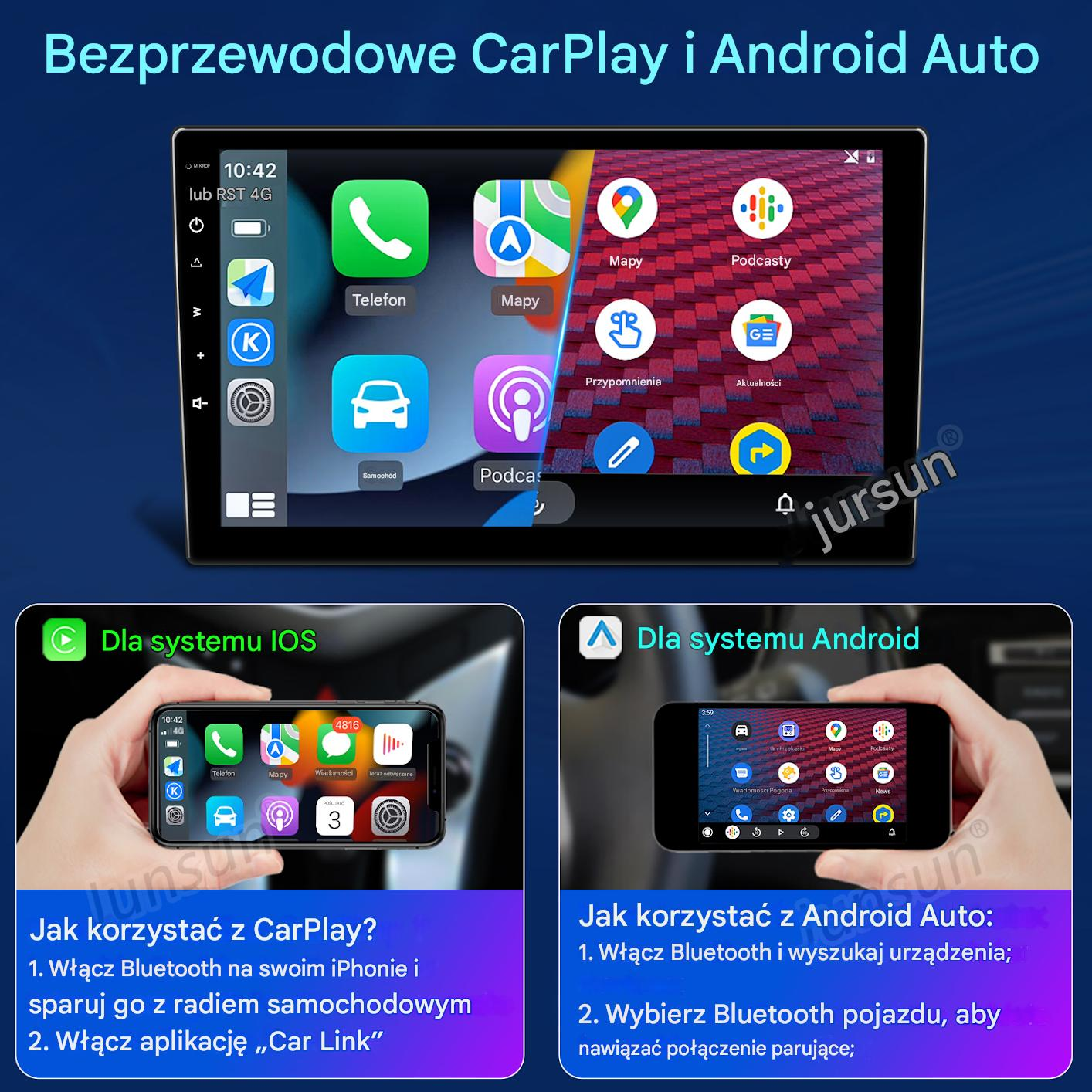 Ekran systemu informacyjno-rozrywkowego w samochodzie pokazuje opcje CarPlay i Android Auto. Dwa telefony wyświetlają instrukcje parowania iOS i Android.