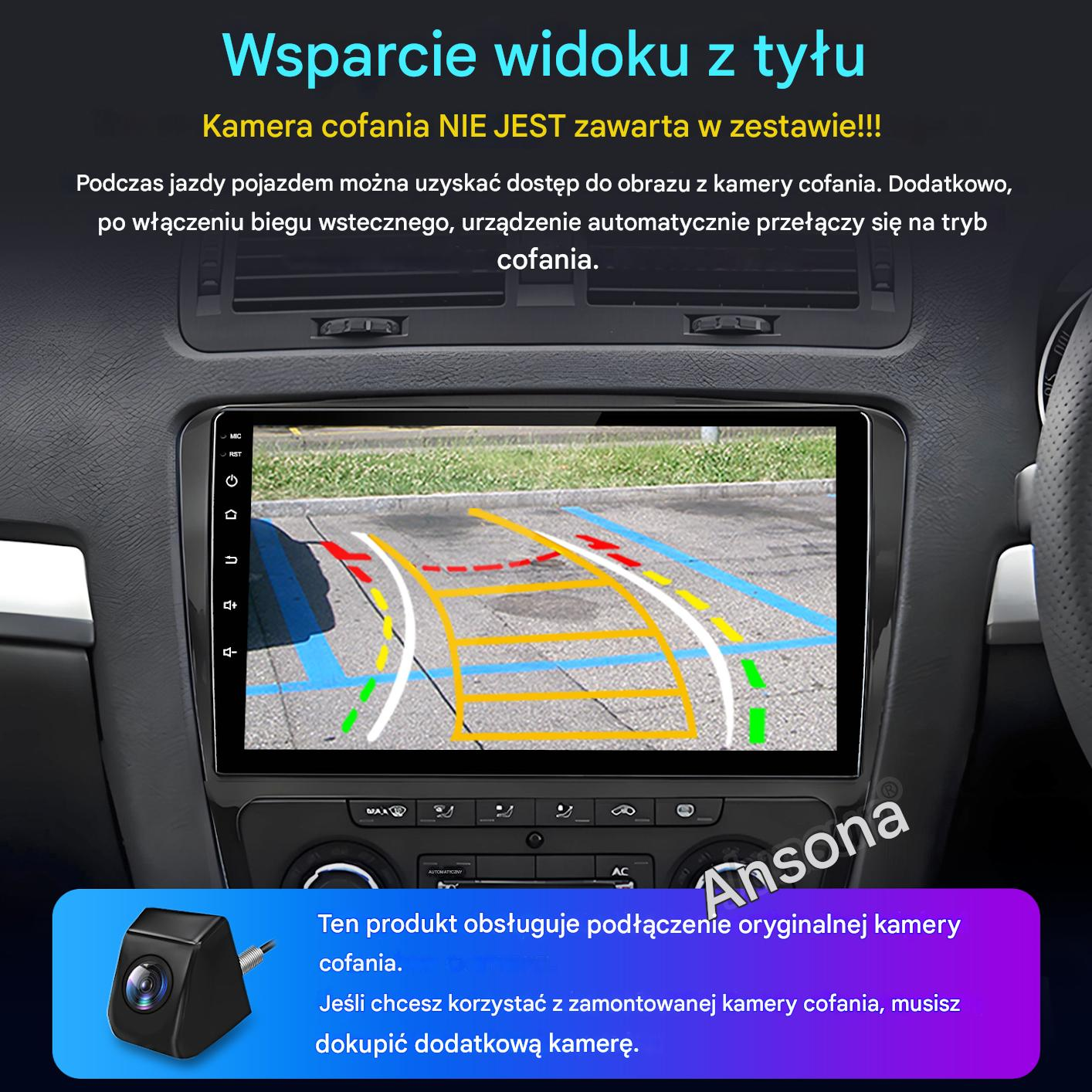 Deska rozdzielcza samochodu z ekranem pokazującym wskazówki parkowania. Poniżej kamera i tekst o kompatybilności kamery.