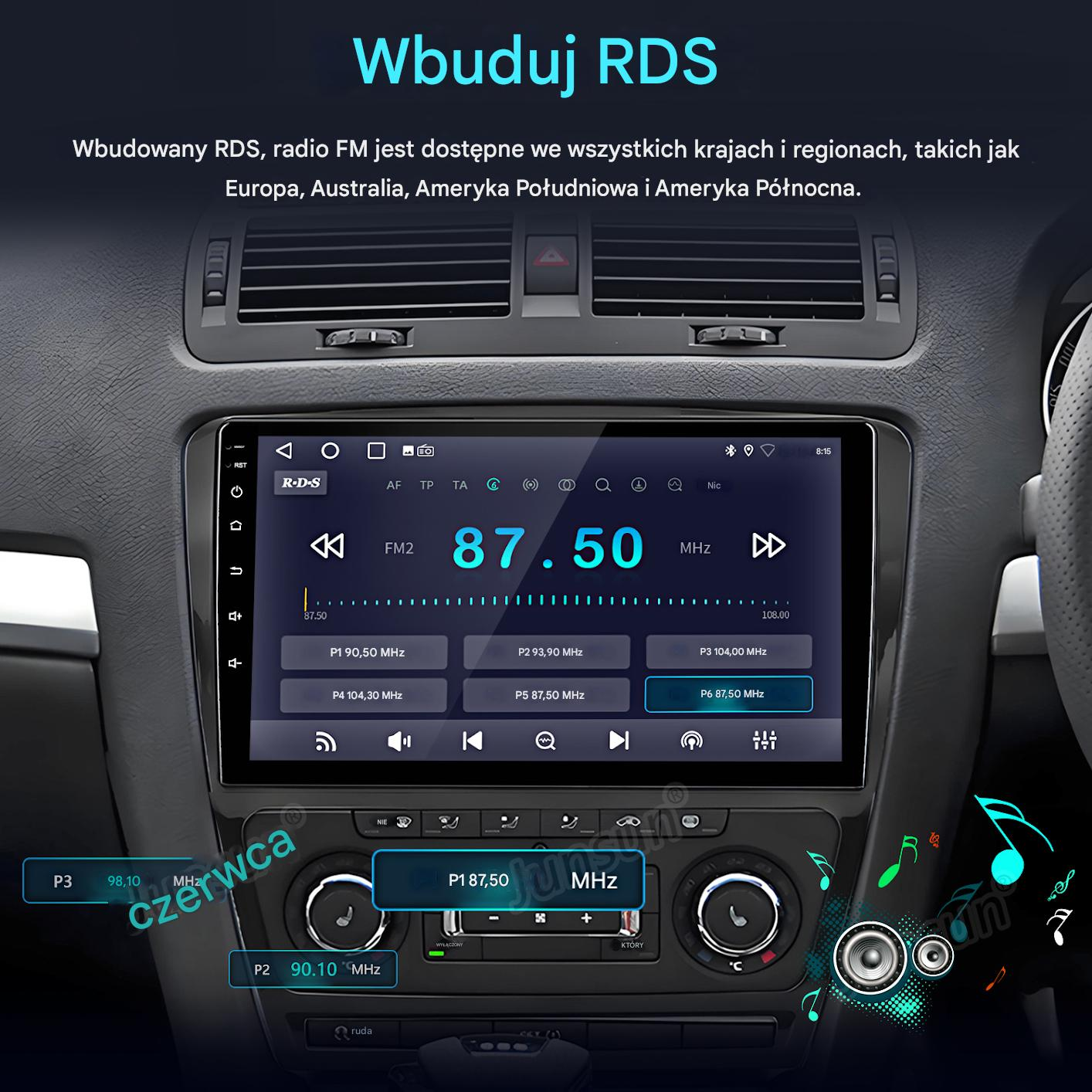 Ekran radia samochodowego wyświetlający 87,50 MHz. Przyciski do zaprogramowanych stacji radiowych FM. Wnętrze samochodu, czarna deska rozdzielcza i przyciski.