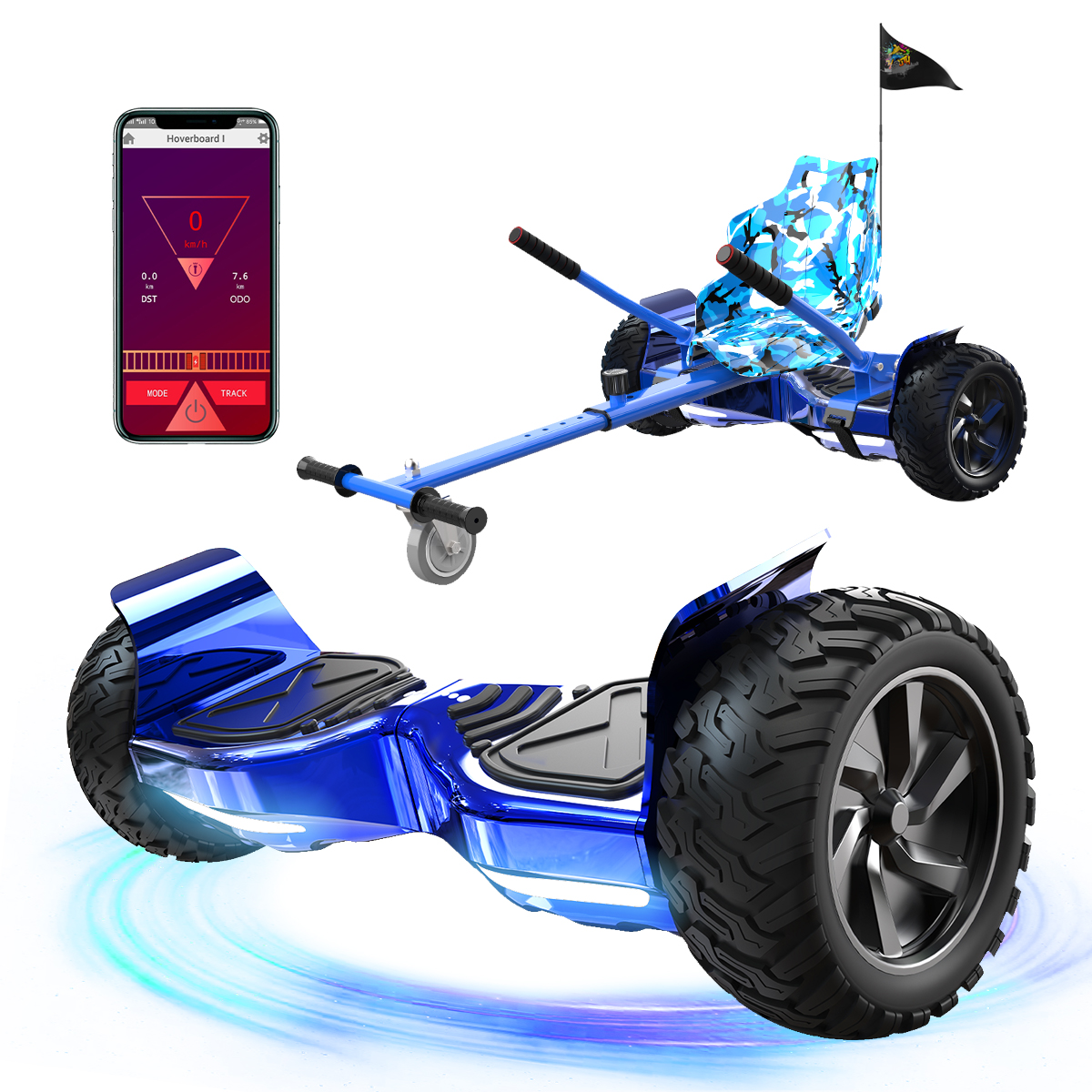 Wyświetlono niebieską deskorolkę i gokart. Telefon pokazuje prędkość. Gokart ma maskowane siedzenie i flagę.