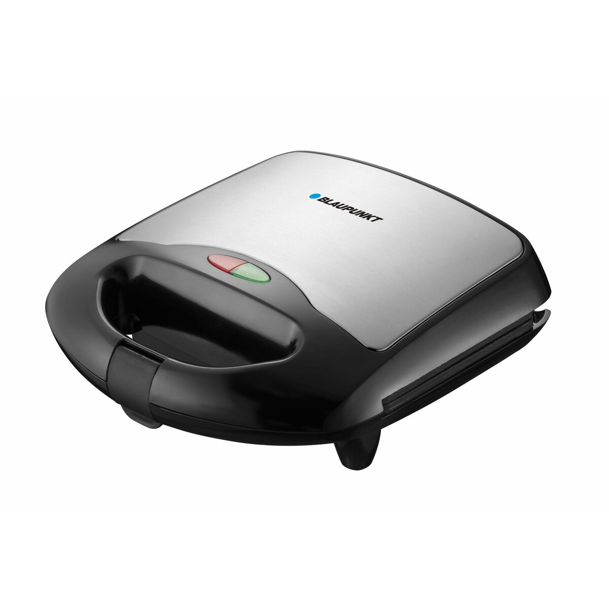 Una sandwichiera chiusa con parte superiore argentata, manico nero e luce rossa/verde. Il marchio "BLAUPUNKT" è visibile.