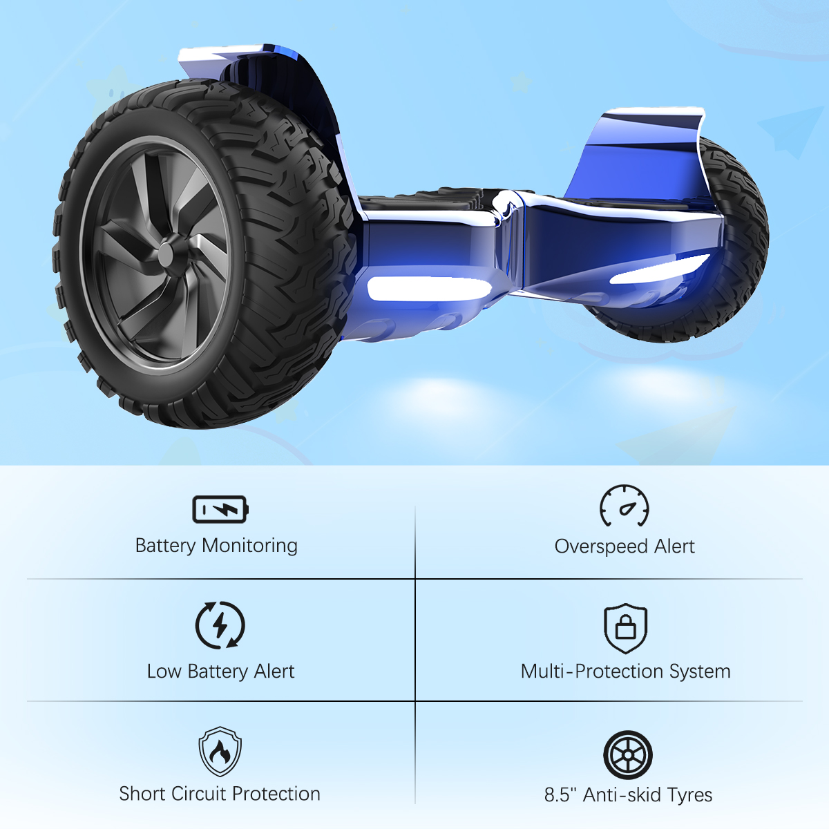 Niebieski hoverboard z dużymi oponami. Zawiera monitorowanie baterii, ostrzeżenie o niskim poziomie baterii i ochronę wielokrotną.