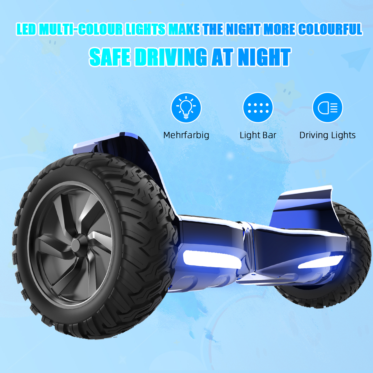 Niebieska deskorolka elektryczna z czarnymi oponami i jasnoniebieskimi światłami. U góry napis „Bezpieczna jazda nocą”.