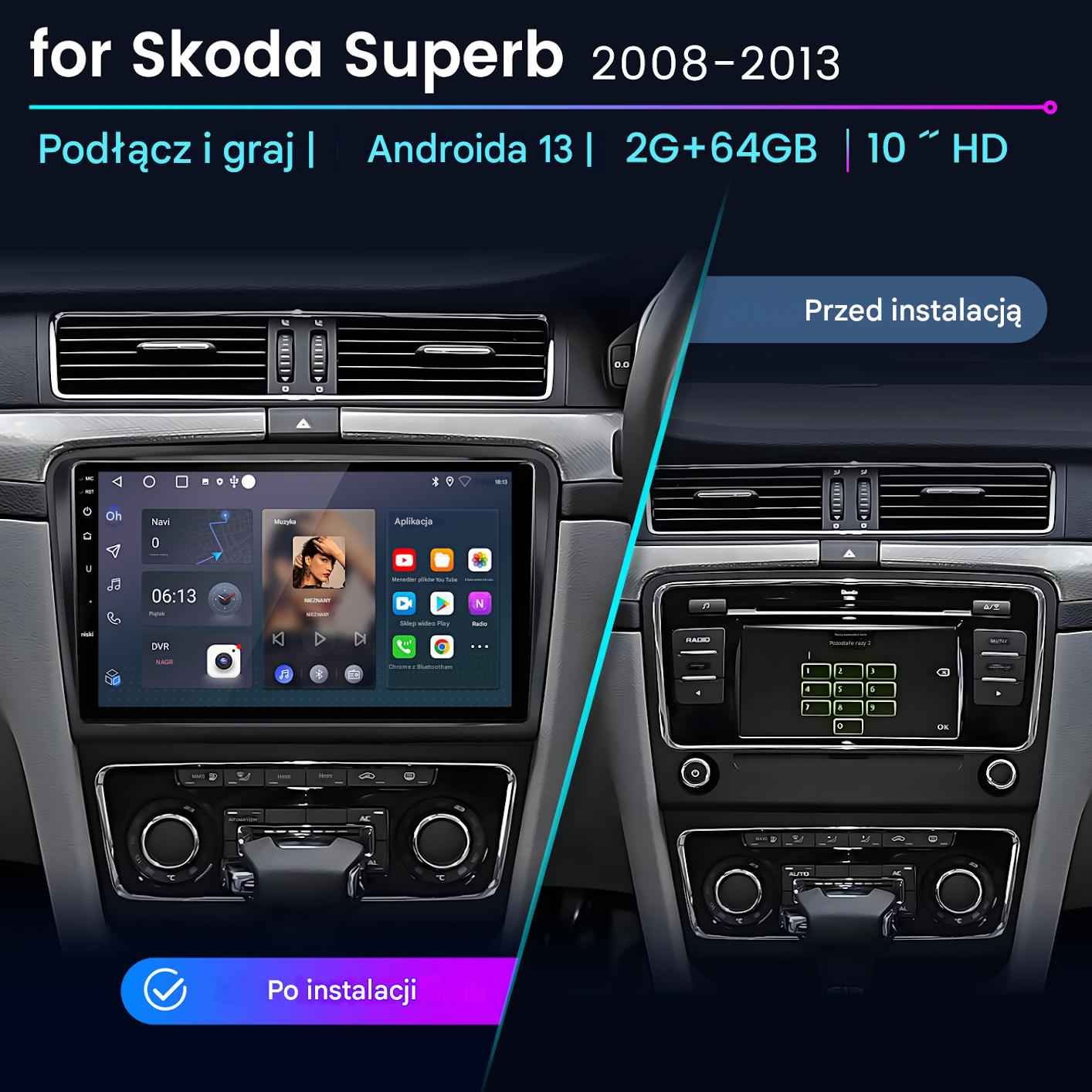 Porównanie systemu multimedialnego samochodu. Pokazuje zdjęcia przed i po instalacji. Ekran wyświetla aplikacje i opcje radia.