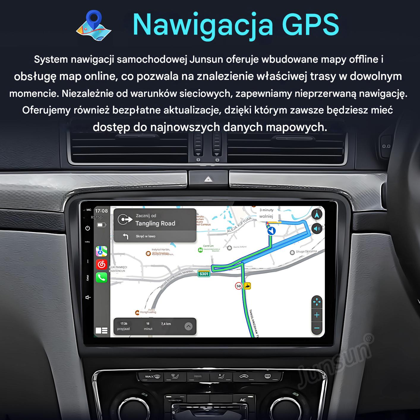 Ekran nawigacji GPS w samochodzie pokazujący mapę trasy. Ekran wyświetla nazwy ulic, wskazówki i szacowany czas podróży.