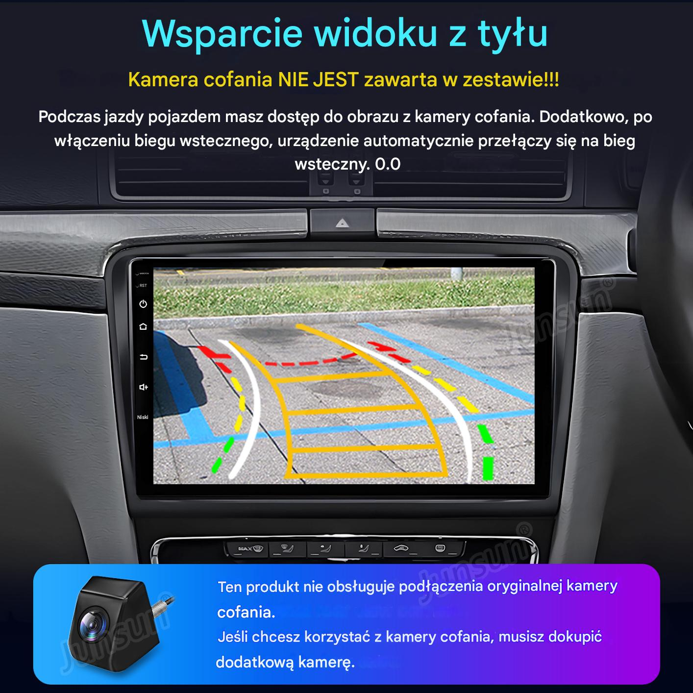 Deska rozdzielcza samochodu z ekranem pokazującym widok prowadzący parkowanie. Kamera na dole po lewej, tekst po polsku.