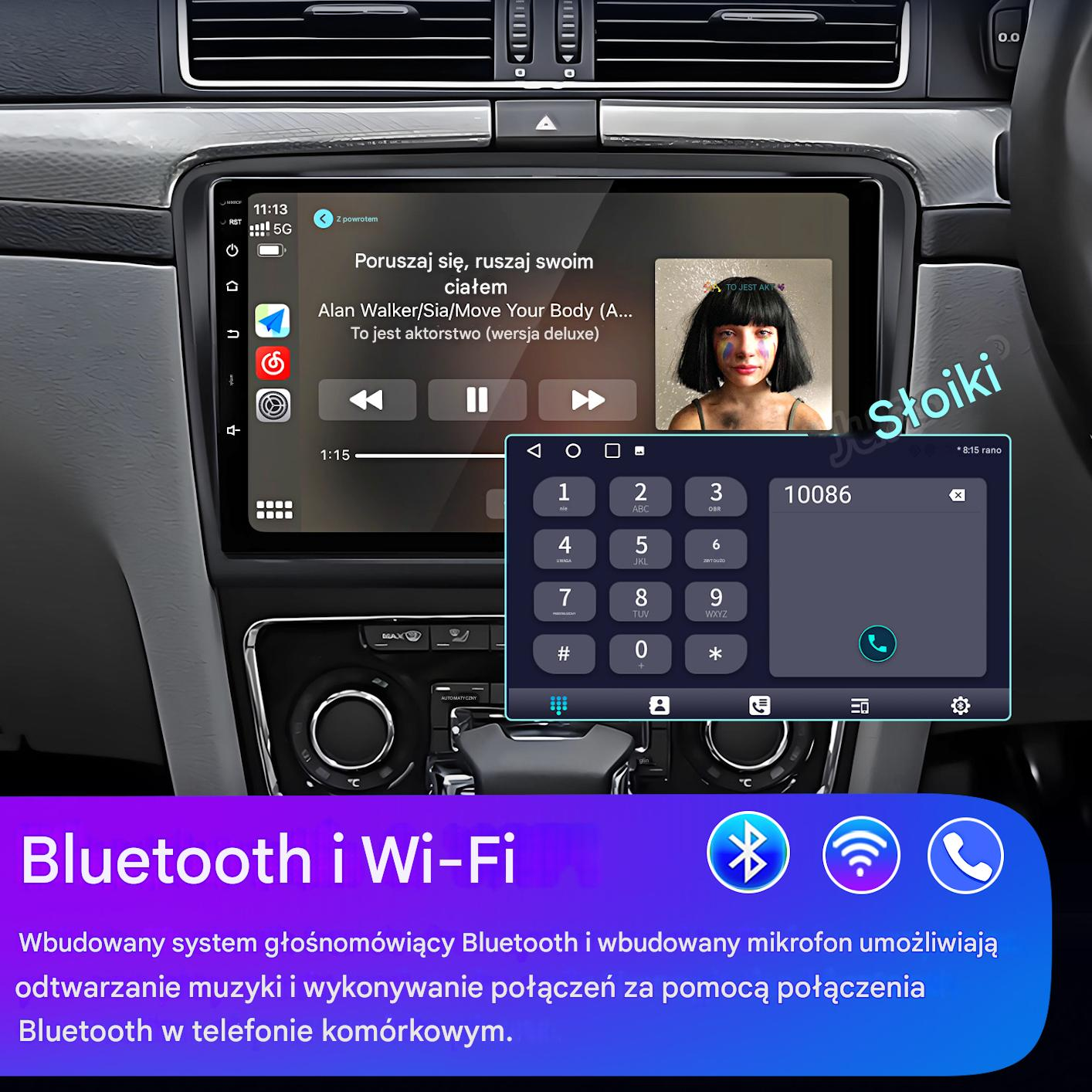 Deska rozdzielcza samochodu z ekranem wyświetlającym muzykę i wybierakiem telefonu. Widoczne ikony Bluetooth i Wi-Fi.