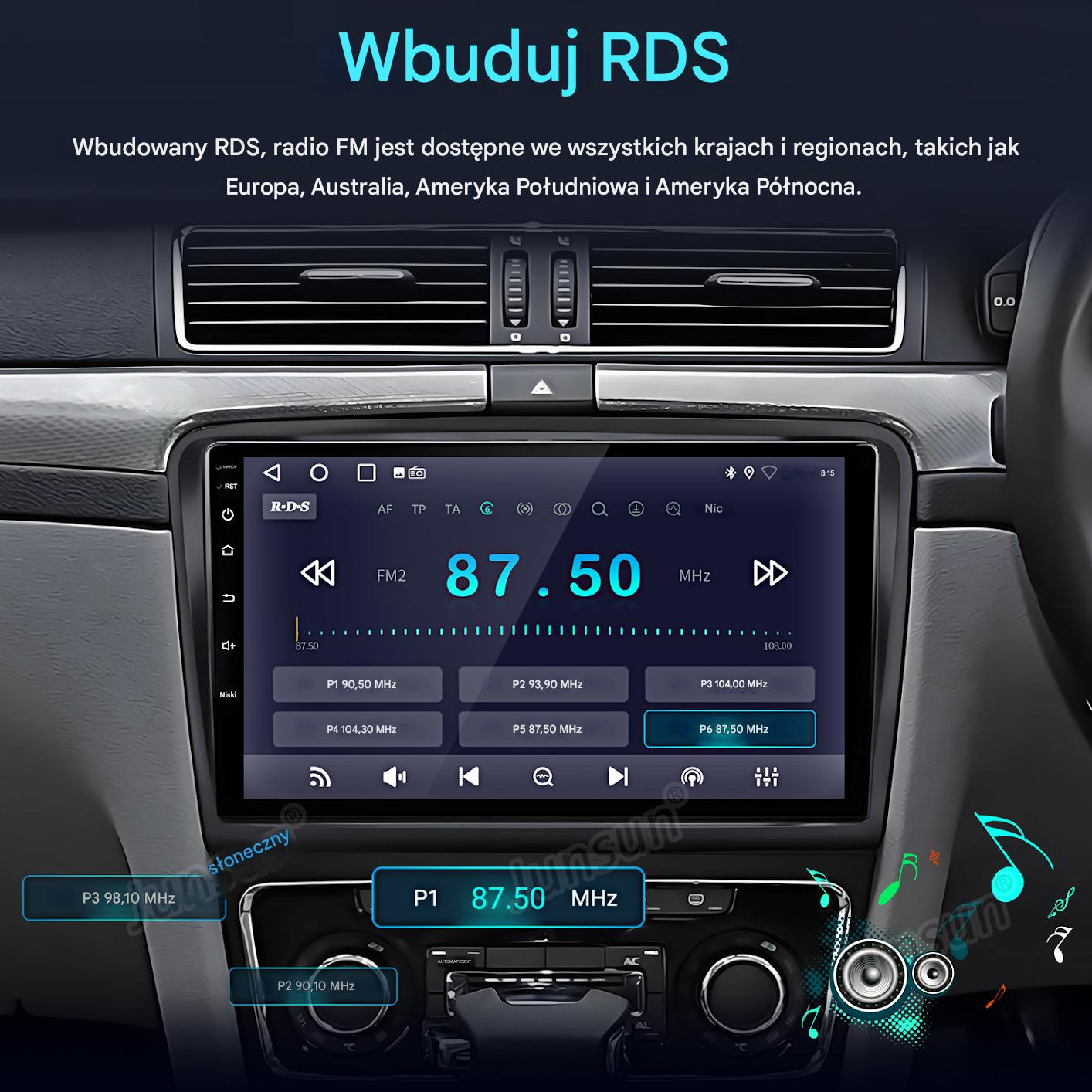Ekran radia samochodowego wyświetlający częstotliwość FM 87,50 MHz. Tekst po polsku, widoczne detale wnętrza samochodu.