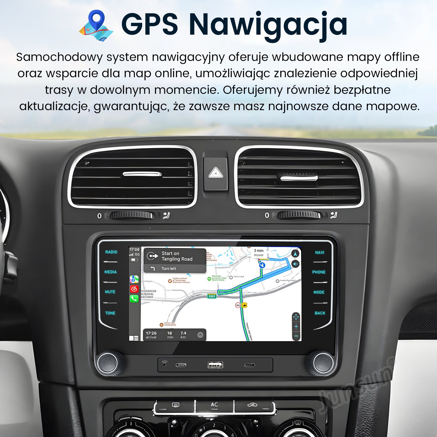 Panel samochodu z ekranem nawigacji GPS. Wyświetla mapę, wskazówki i przyciski sterujące.