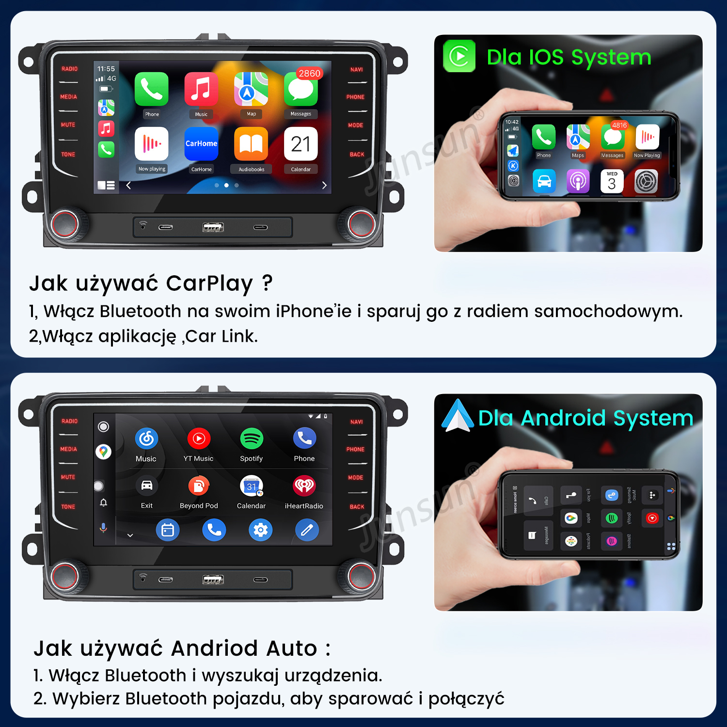 Wyświetlacz radia samochodowego pokazujący aplikacje i instrukcje CarPlay. Zawiera instrukcje systemu IOS i Android.