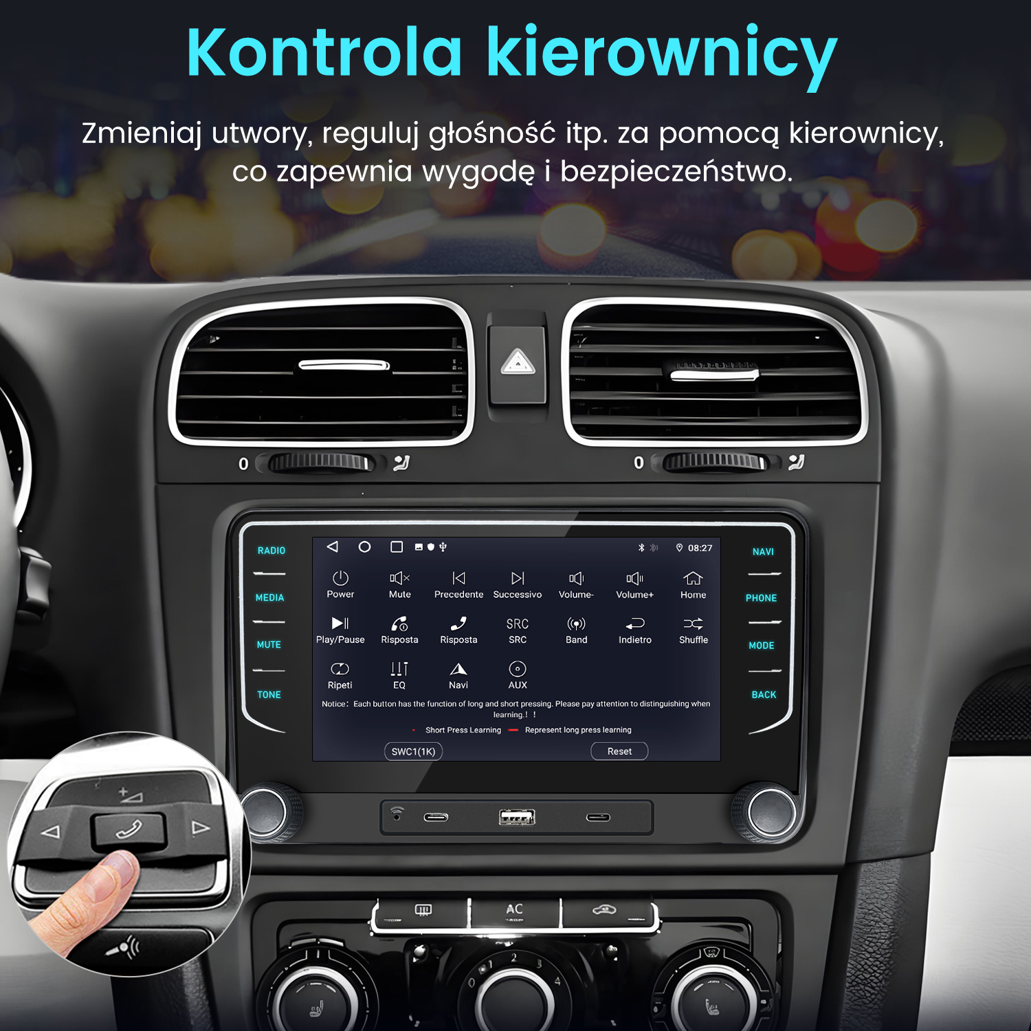 Panel samochodu z ekranem pokazującym przyciski. Ręka naciska przycisk na kierownicy. Tekst po polsku.