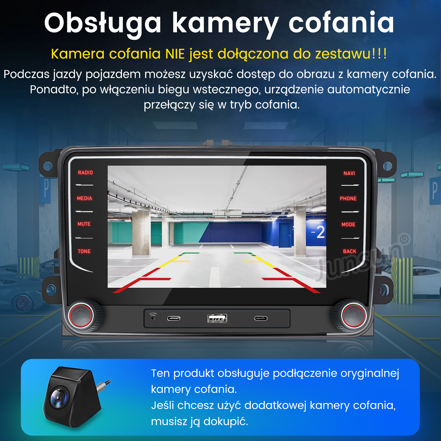 Ekran samochodowy z widokiem na garaż. Zawiera kamerę, czerwone i zielone linie, przyciski. Tekst: 'Kamera cofania nie jest dołączona.'