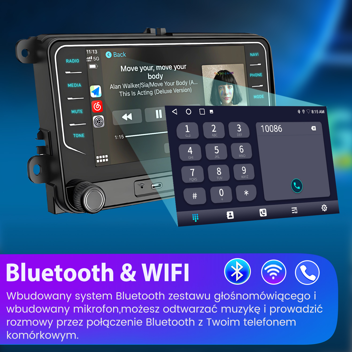 System informacyjno-rozrywkowy w samochodzie z interfejsem muzycznym i wybieraniem numeru. Bluetooth i Wi-Fi. Ekran wyświetla czas i numer telefonu.