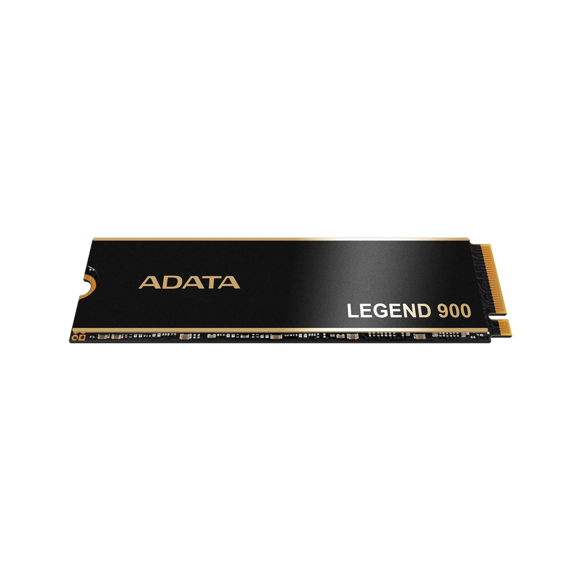 Czarny dysk SSD ADATA Legend 900 na białym tle. Złote akcenty, nazwa marki i model widoczne.