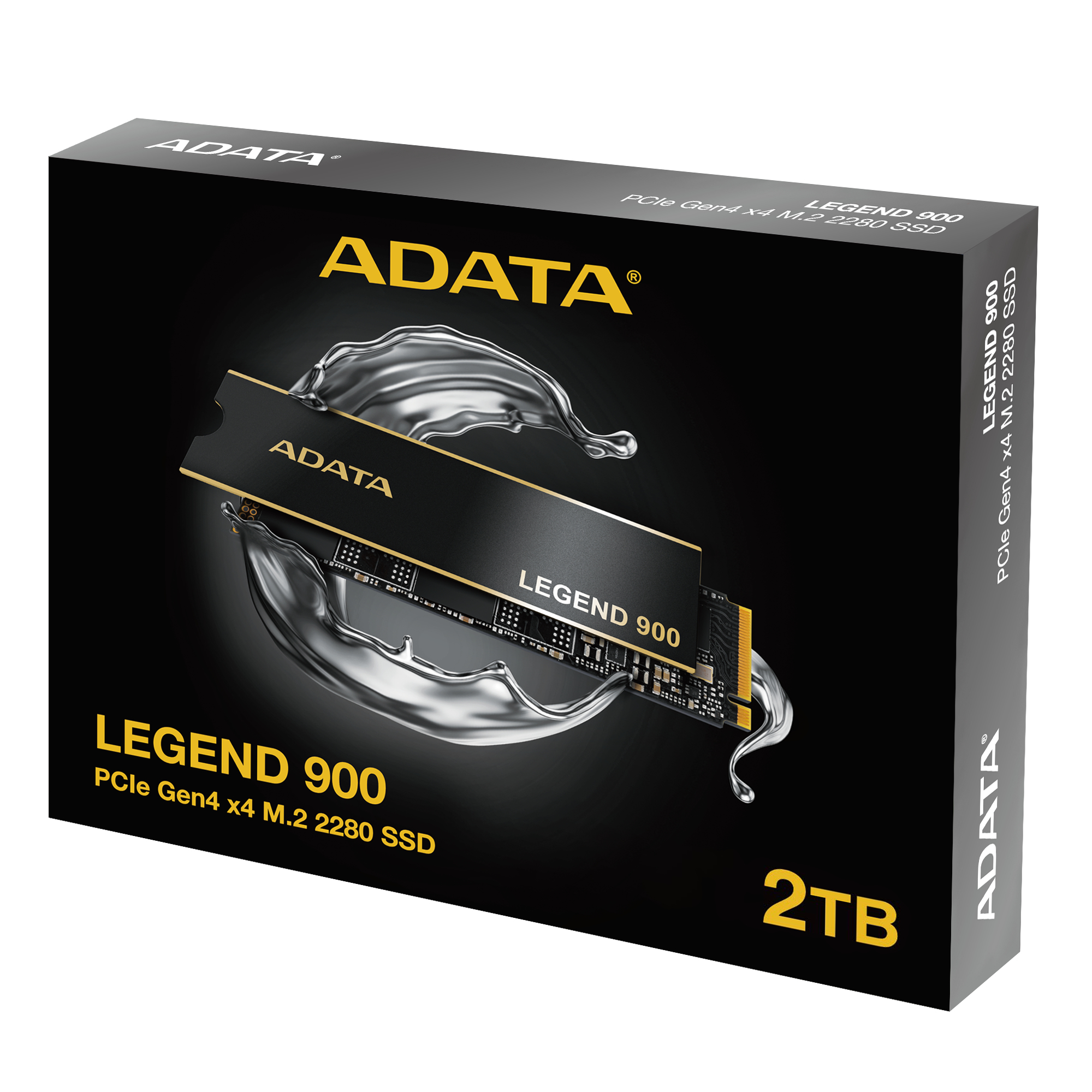 Pudełko SSD ADATA LEGEND 900. Czarne tło ze srebrnym rozpryskiem. Nazwa produktu i specyfikacje.