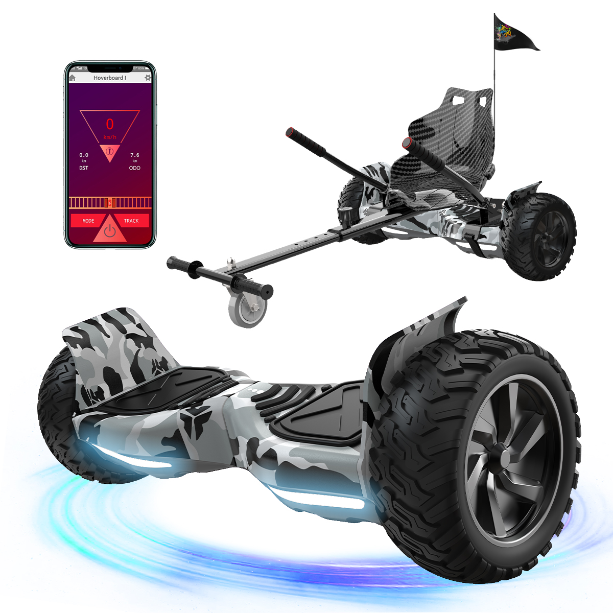 Hoverboard z siedziskiem i telefonem pokazującym prędkość. Hoverboard ma kamuflaż i duże opony. Flaga jest na siedzeniu.