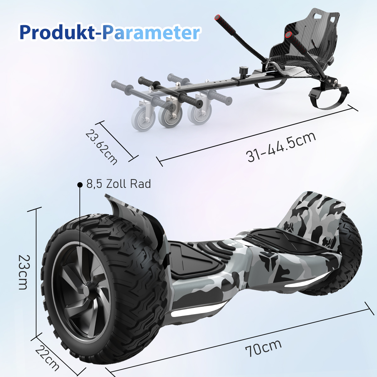 Zdjęcie przedstawia deskorolkę elektryczną z wymiarami. Pokazuje również nakładkę do gokarta. Oba przedmioty są w odcieniach szarości i czerni.