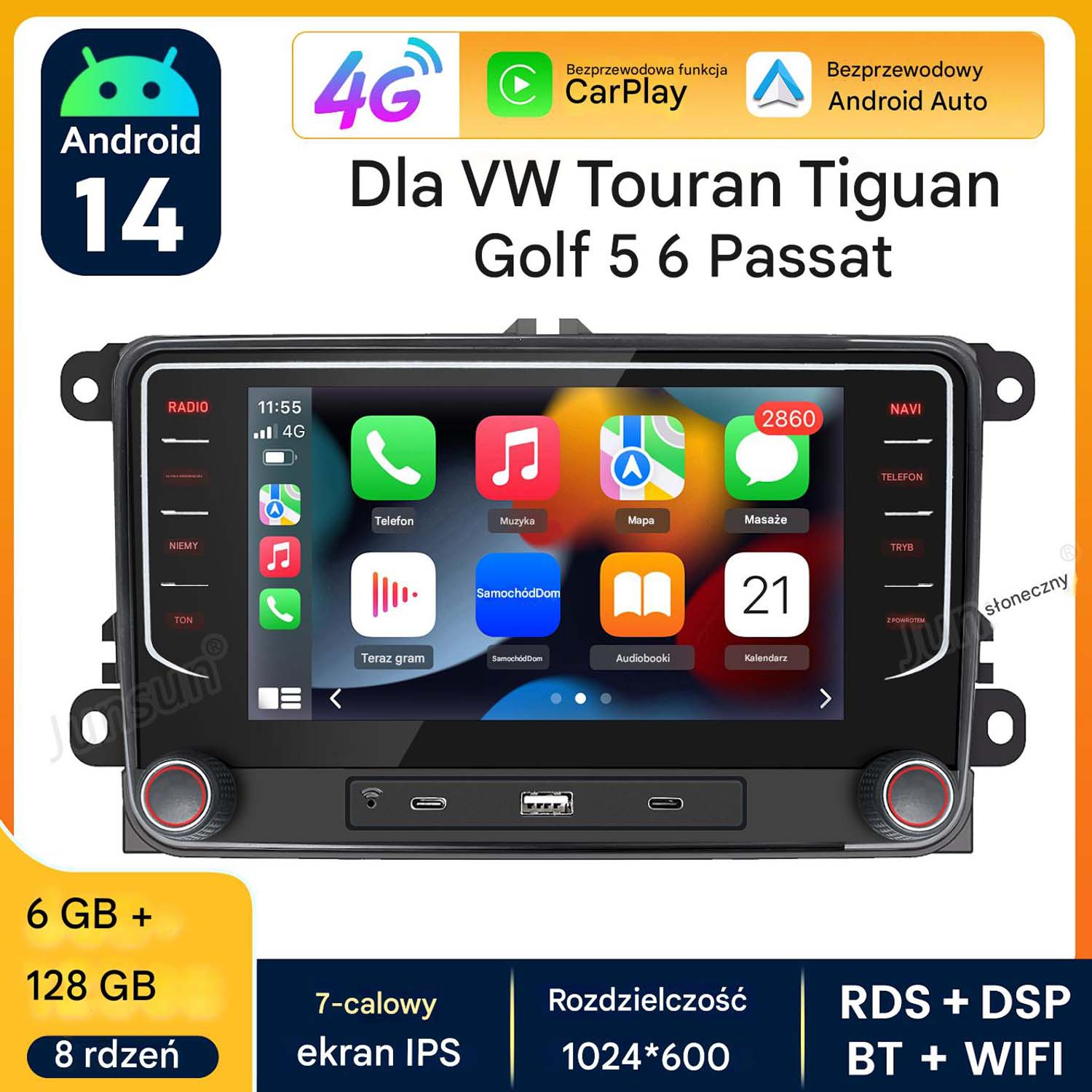 Samochodowy system multimedialny z Androidem 14, 7-calowym ekranem i funkcjami CarPlay i Android Auto. Wyświetla ikony aplikacji i funkcje samochodu.