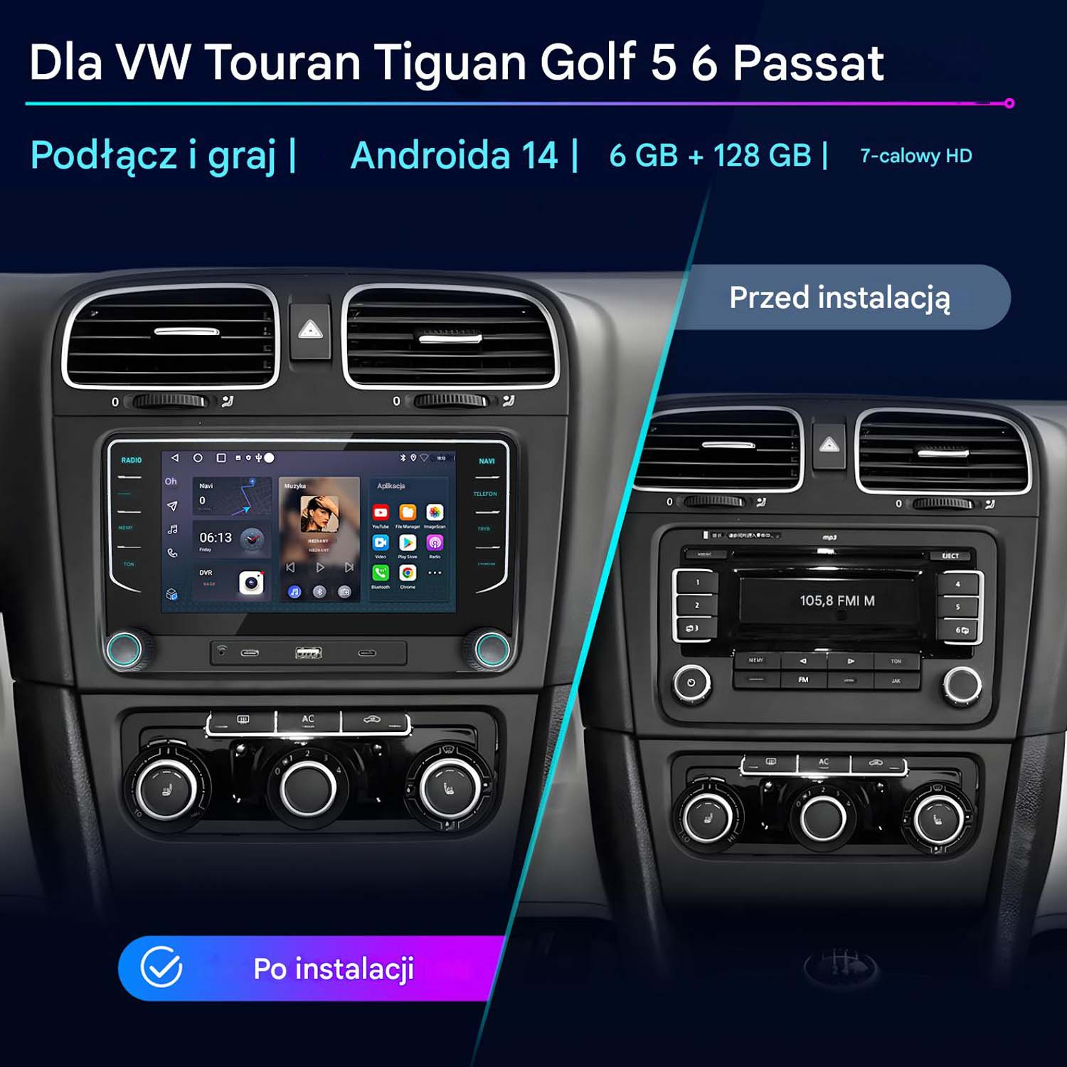 Porównanie deski rozdzielczej samochodu. Po lewej wyświetlacz Android, po prawej standardowe radio, przed/po instalacji.