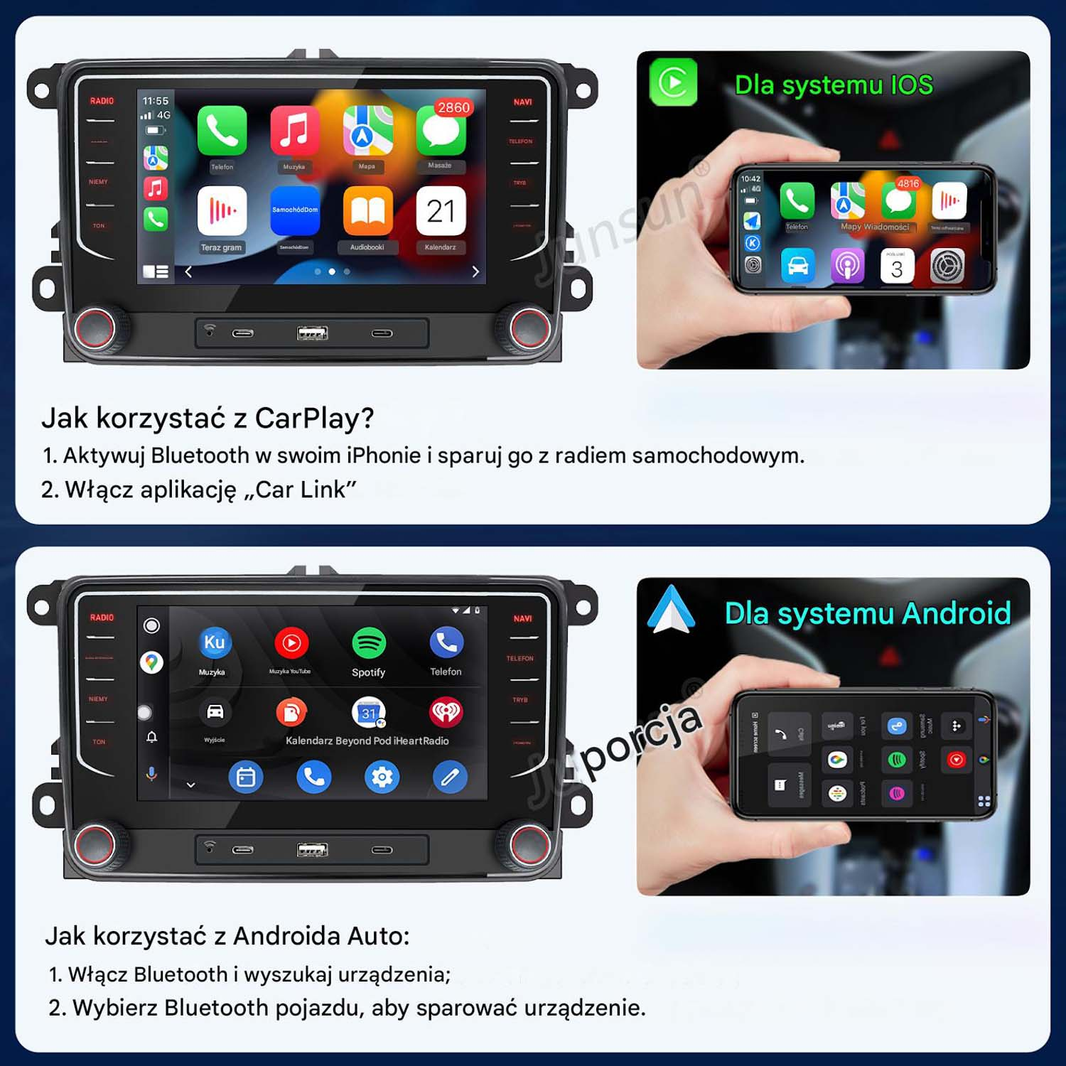 Obraz pokazuje ekran informacyjno-rozrywkowy samochodu z ikonami aplikacji i dwa telefony wyświetlające instrukcje CarPlay i Android Auto.