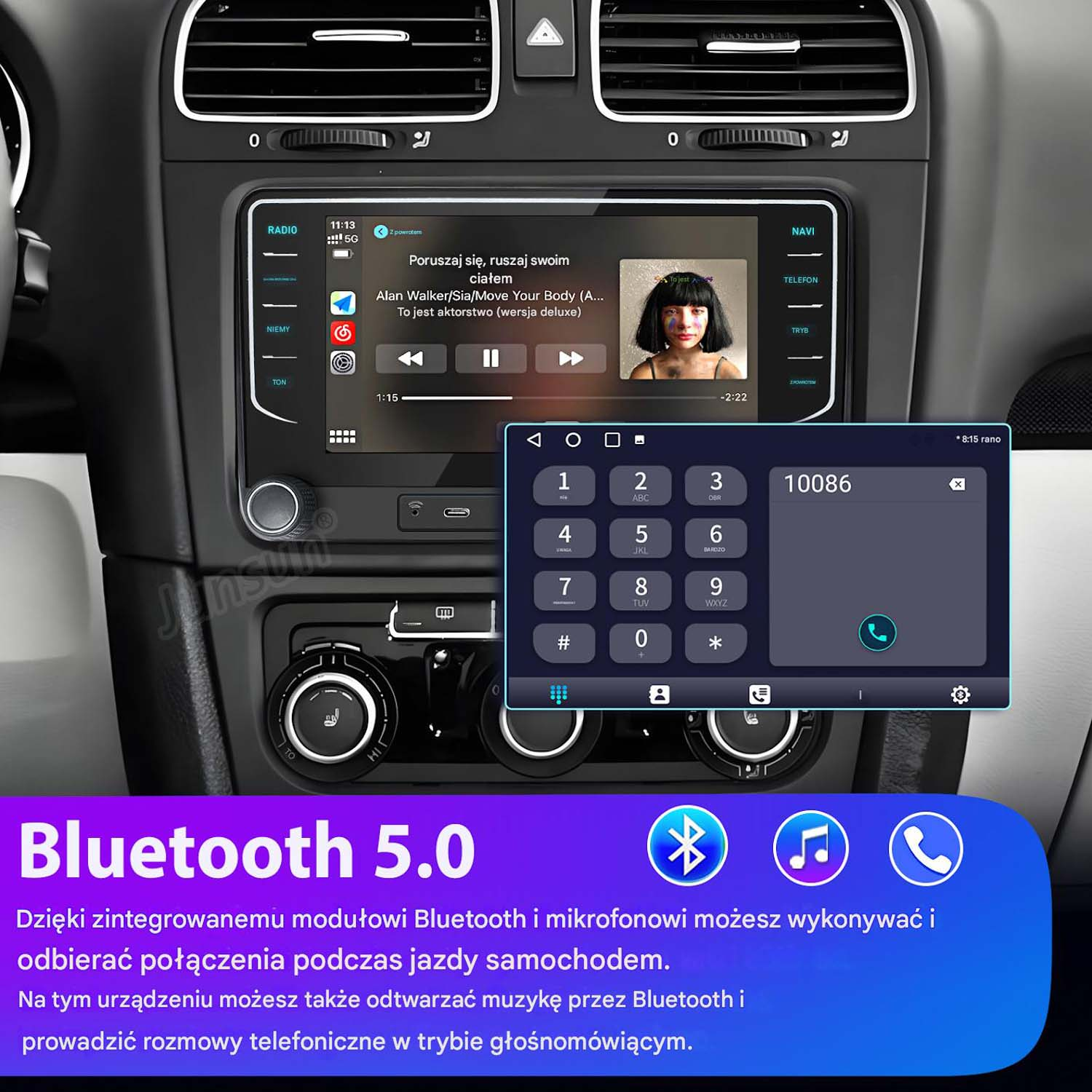 Ekran radia samochodowego wyświetlający dialer telefoniczny i odtwarzacz muzyki. Reklamowany jest Bluetooth 5.0.