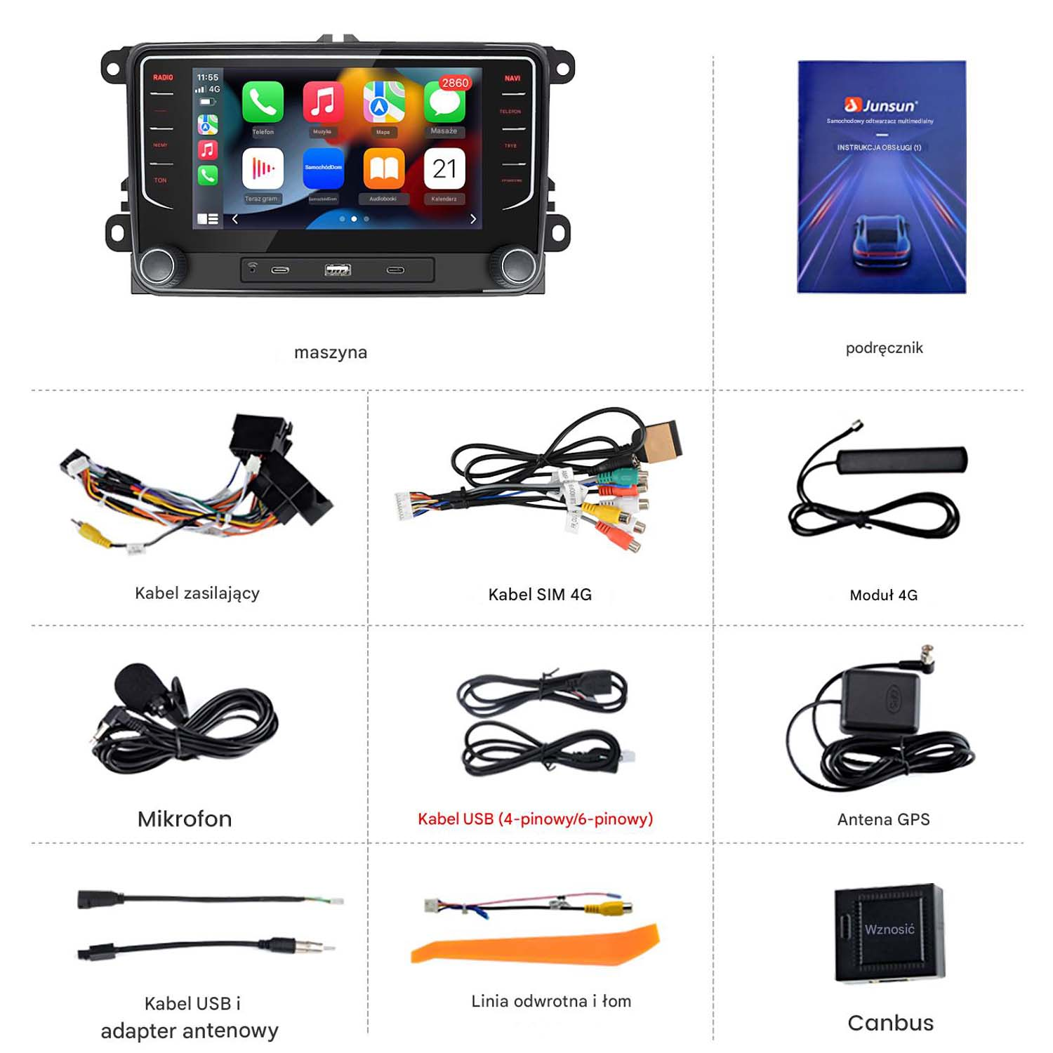 Wyświetlany jest samochodowy system multimedialny, instrukcja obsługi i różne akcesoria samochodowe, takie jak kable, mikrofon i antena.