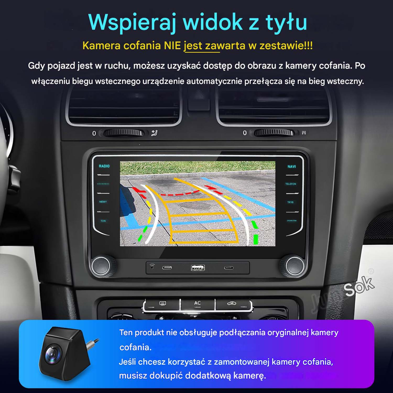 Deska rozdzielcza samochodu z nawigacją i wyświetlaczem kamery cofania. Tekst po polsku o funkcjach kamery i kompatybilności.