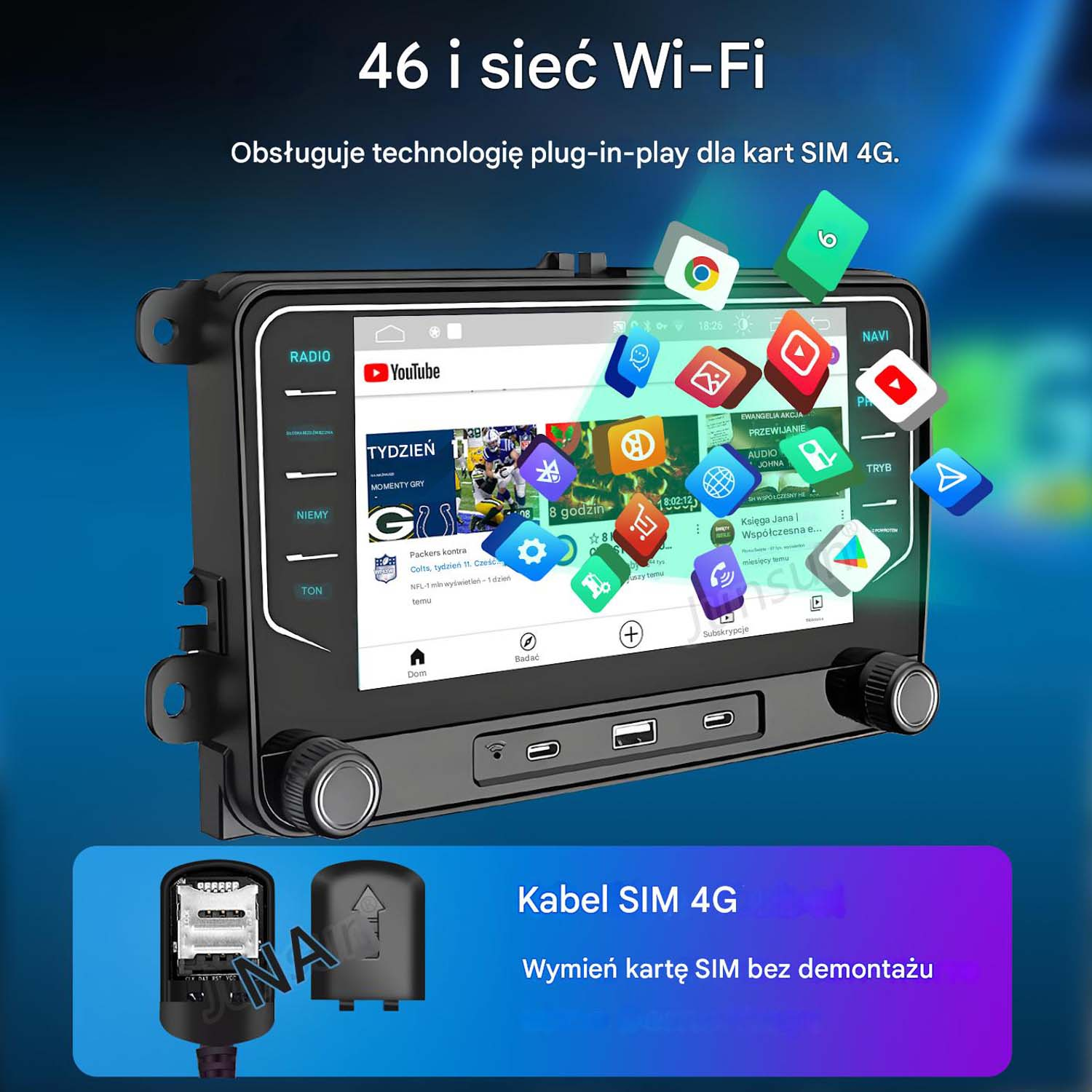 Samochodowy system informacyjno-rozrywkowy z YouTube, gniazdem SIM i ikonami aplikacji. Tekst po polsku. Ekran wyświetla zawartość wideo i ikony.