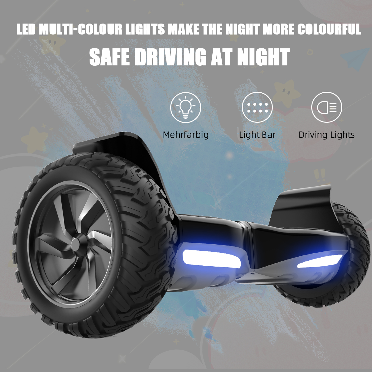 Czarny hoverboard z niebieskimi światłami. Tekst głosi: 'Wielokolorowe światła LED sprawiają, że noc jest bardziej kolorowa' i 'Bezpieczna jazda w nocy'.