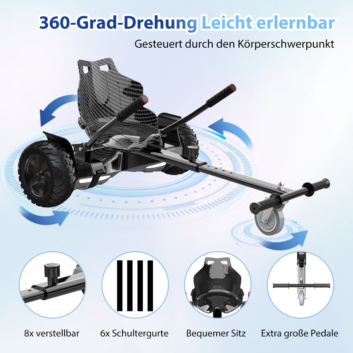 Wyświetlany jest czarny gokart z siedzeniem z włókna węglowego. Ma duże koła, kierownicę i jest oznaczony funkcjami.