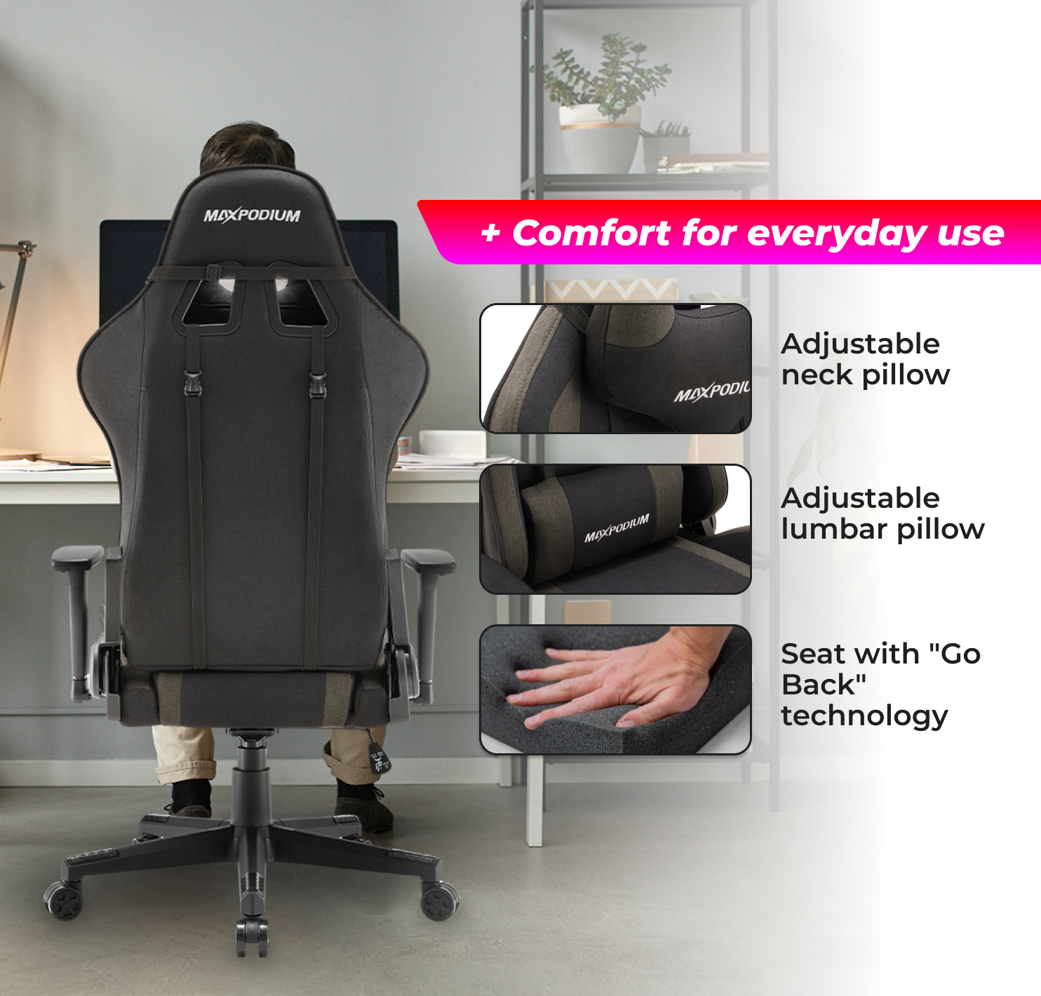 Une personne assise sur une chaise MAXPODIUM noire. Caractéristiques : coussins de nuque et lombaires réglables, et technologie "Go Back".