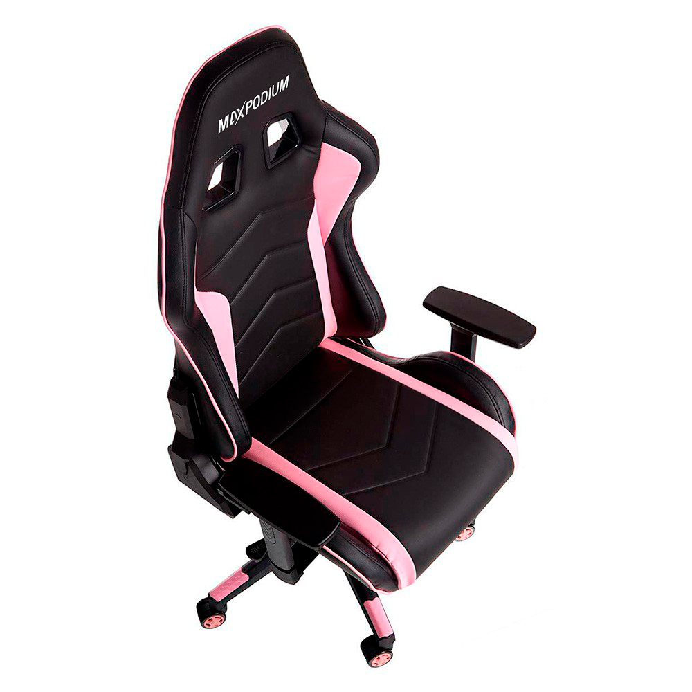 Chaise de jeu Max Podium noire et rose. Elle a un dossier haut, des accoudoirs et des roulettes. La chaise est sur fond blanc.