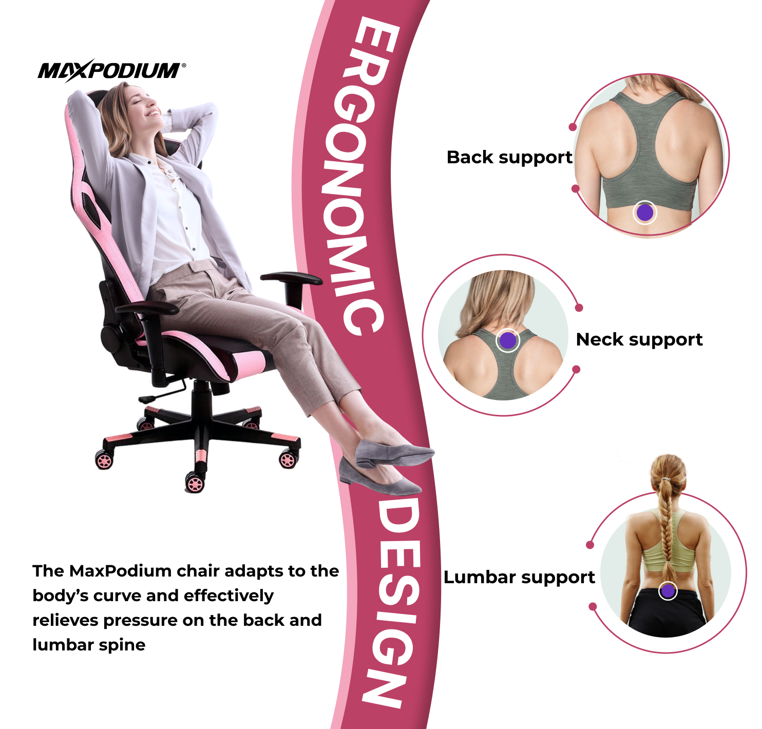 Une femme se détend dans une chaise ergonomique rose et noire MaxPodium. Les schémas montrent le soutien du dos, du cou et des lombaires. La chaise s'adapte au corps.