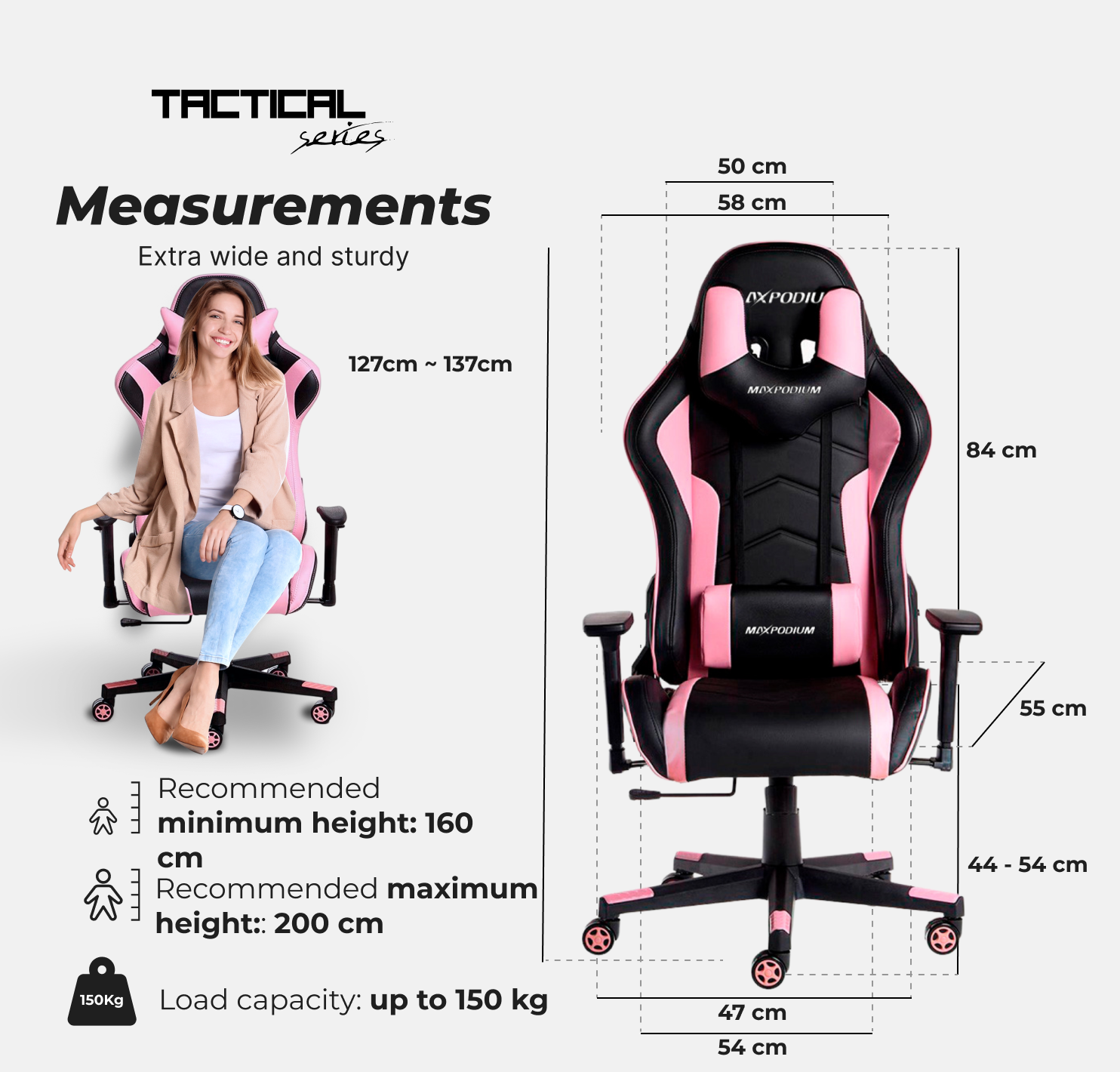 Une chaise gaming rose et noire avec mesures. Une femme est assise. Dimensions : hauteur, largeur et capacité de charge sont indiquées.