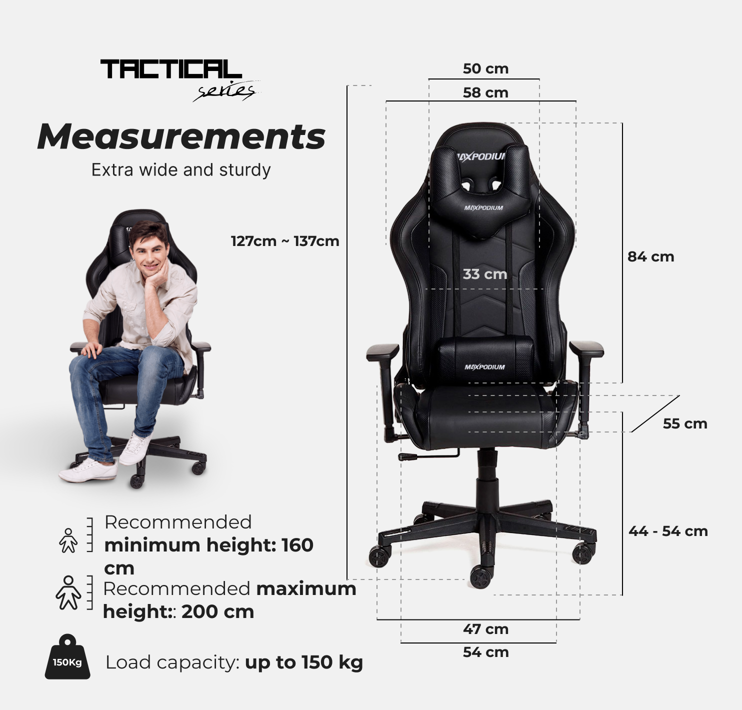Une chaise de jeu noire avec des dimensions et une personne assise dessus. Les mesures et spécifications sont également incluses.
