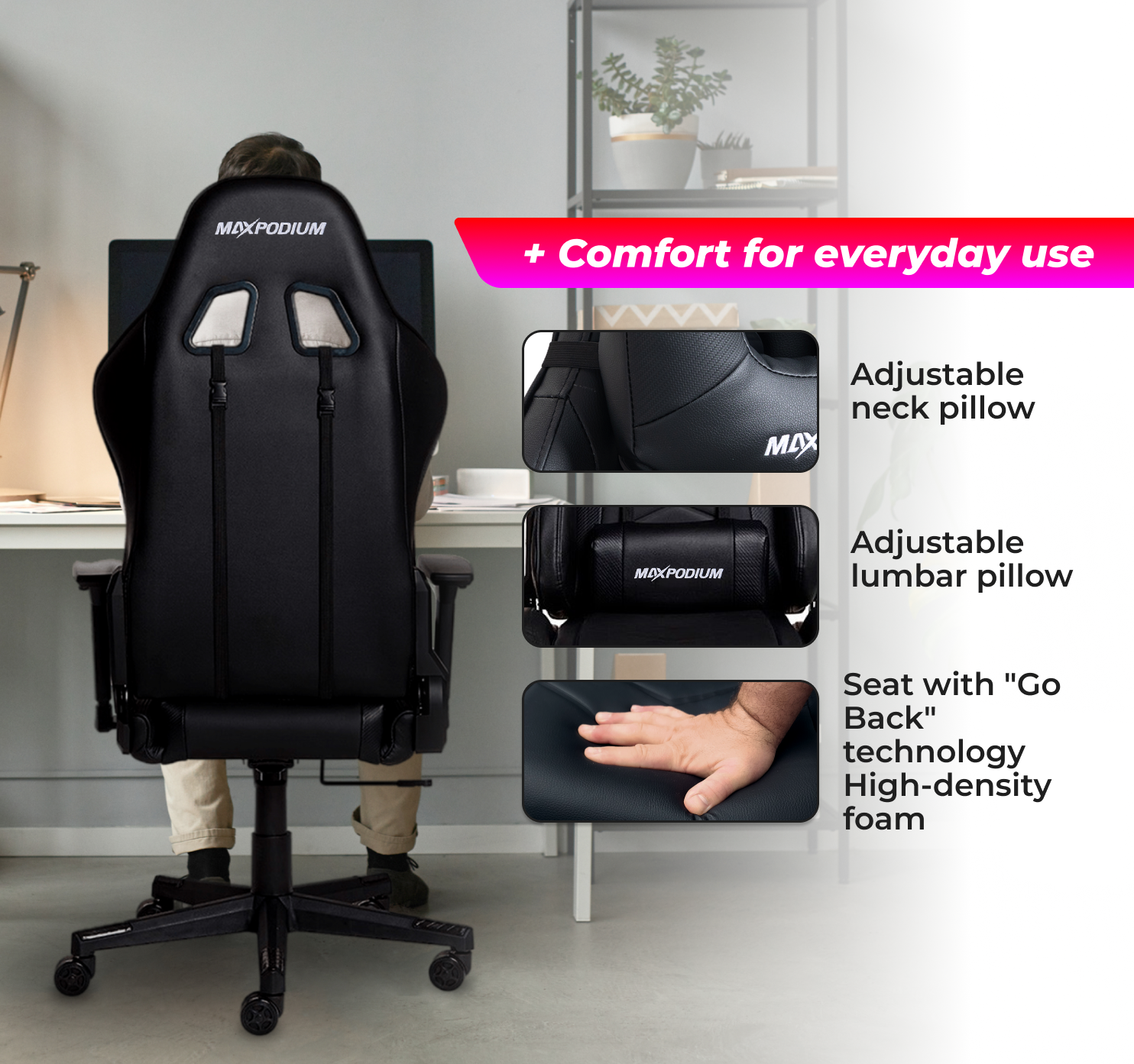 Une personne est assise sur une chaise noire MAXPODIUM. La chaise dispose d'un coussin de cou et lombaire réglable. Elle possède également une mousse haute densité.