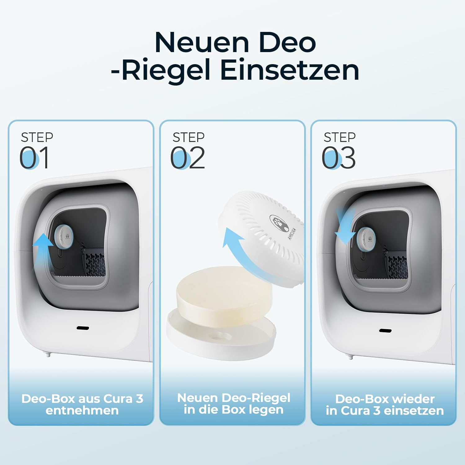 Dreistufige Anleitung: Entfernen, Deo-Riegel einlegen und Box wieder einsetzen. Illustriert mit Pfeilen und Text auf Deutsch.