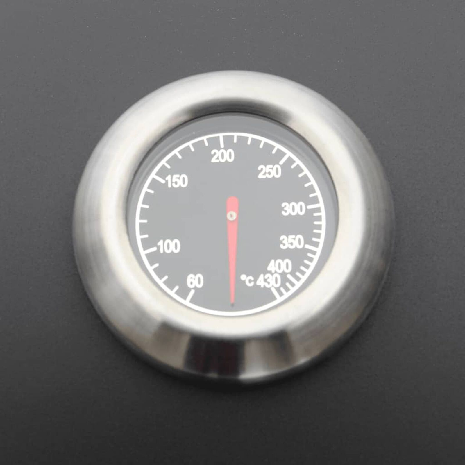 Un termometro rotondo con lancetta rossa, che mostra la temperatura in gradi Celsius. Lo sfondo è grigio scuro.