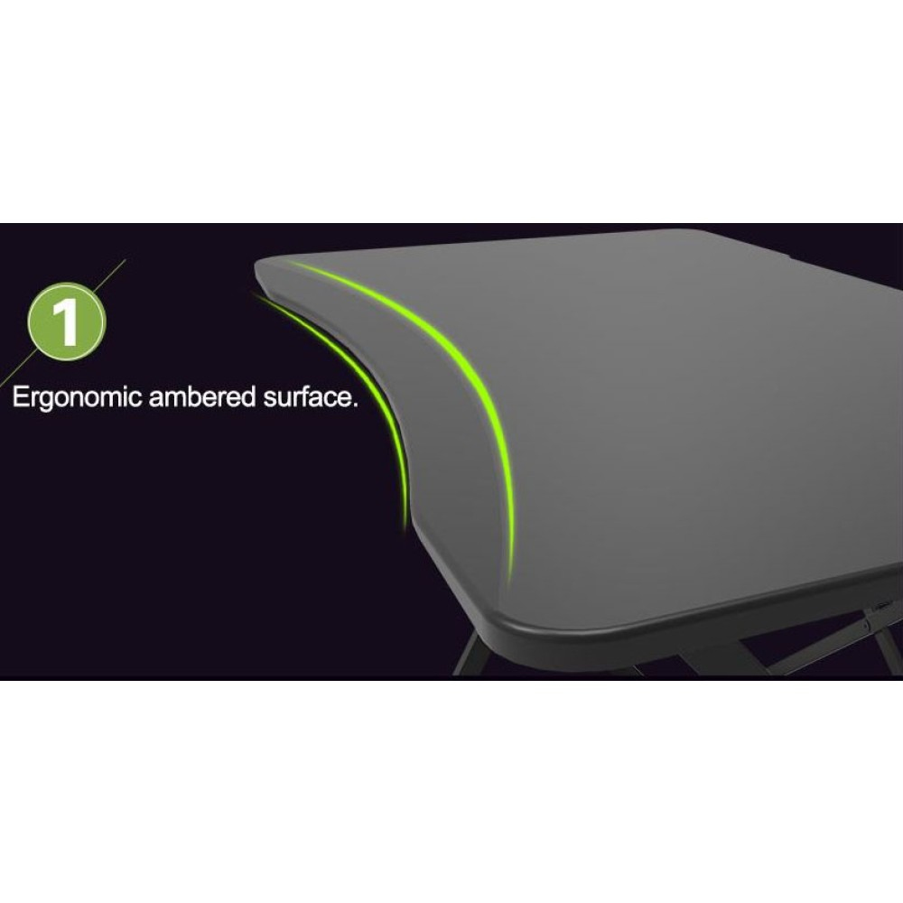 Una superficie ergonomica grigia è evidenziata da un contorno verde. Il testo recita: Superficie ambrata ergonomica. Lo sfondo è scuro.
