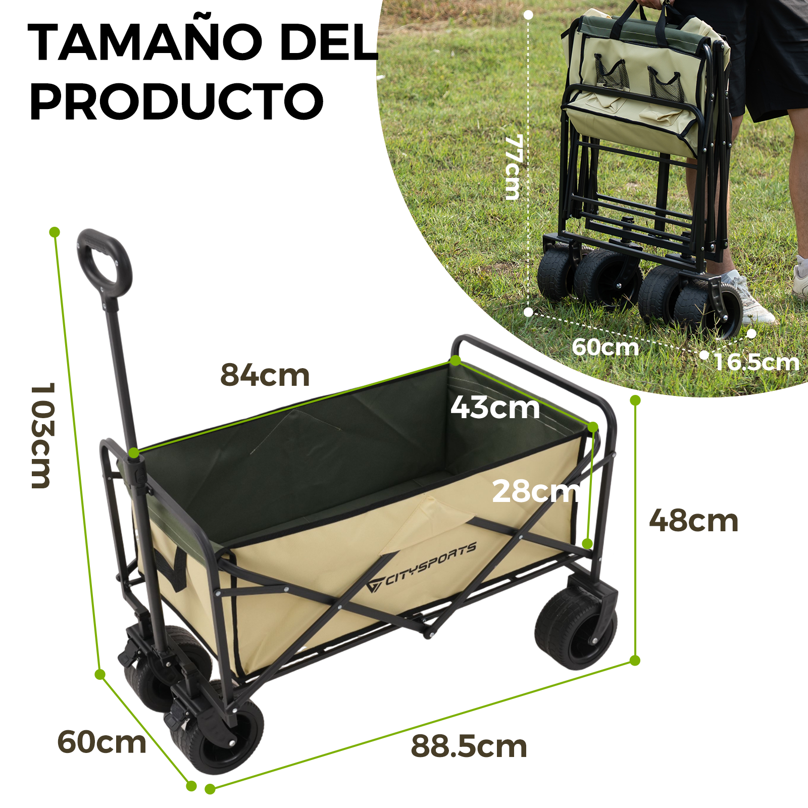 Un vagón utilitario beige y negro, dimensiones mostradas con medidas. Una persona sostiene el vagón plegado en el fondo.