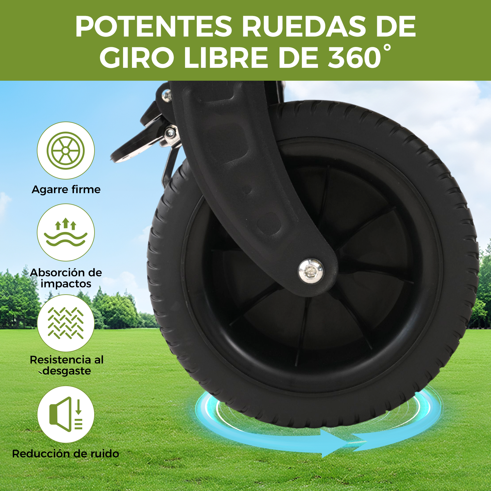 Rueda de cochecito negra sobre césped verde. Texto: 'POTENTES RUEDAS DE GIRO LIBRE DE 360°'. Iconos de agarre, absorción de impactos, resistencia al desgaste y reducción de ruido.
