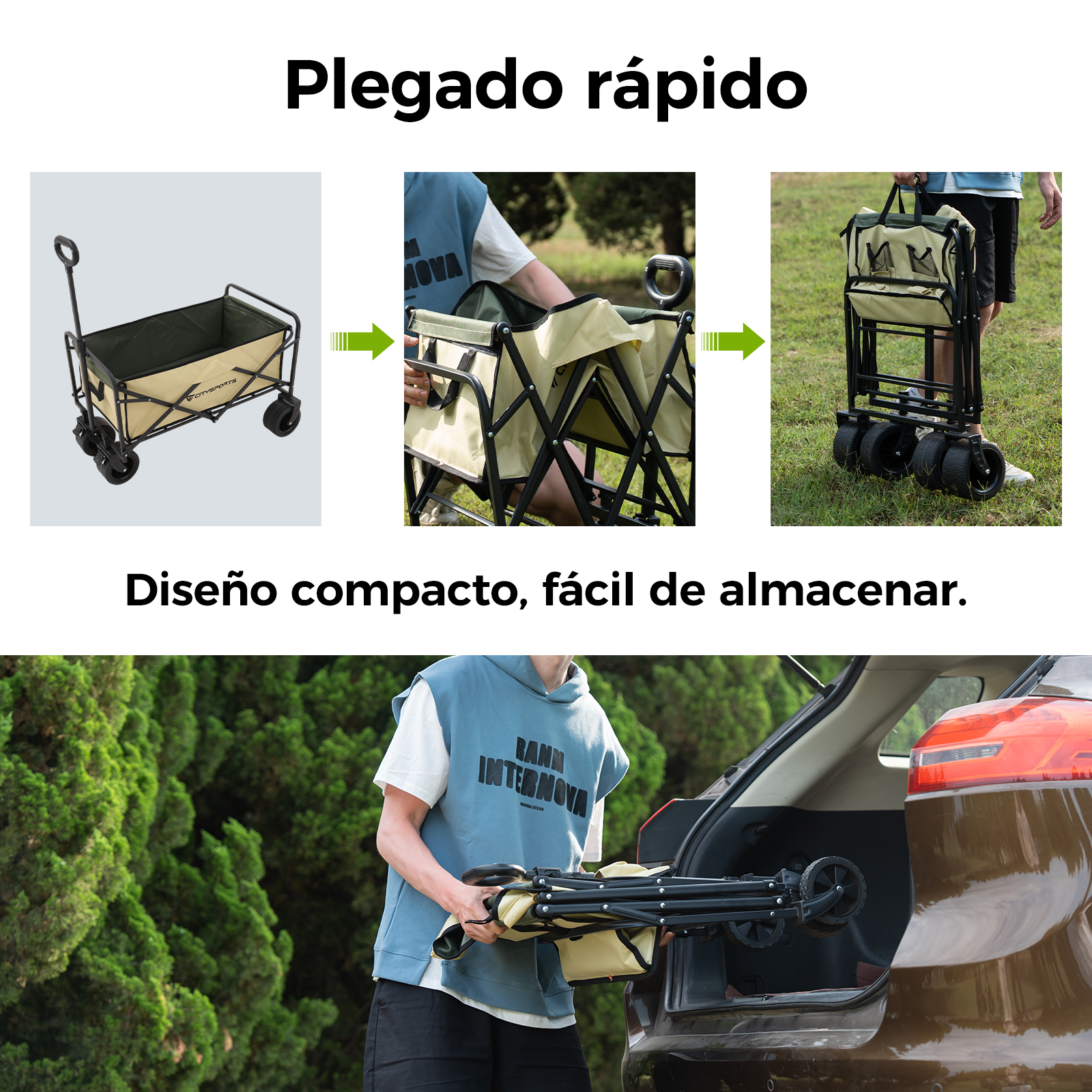 La imagen muestra un carro plegable. Se pliega en tres pasos. Una persona lo está metiendo en el maletero de un coche. Hay árboles verdes en el fondo.