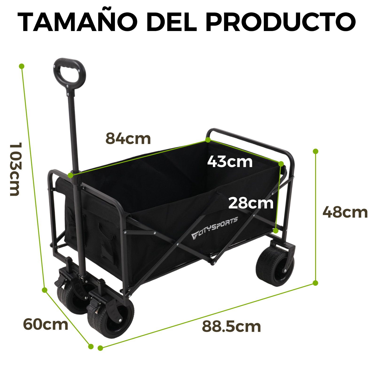 Un carro plegable negro con dimensiones etiquetadas. Tiene un asa y cuatro ruedas. Se proporcionan medidas de altura, anchura y profundidad.