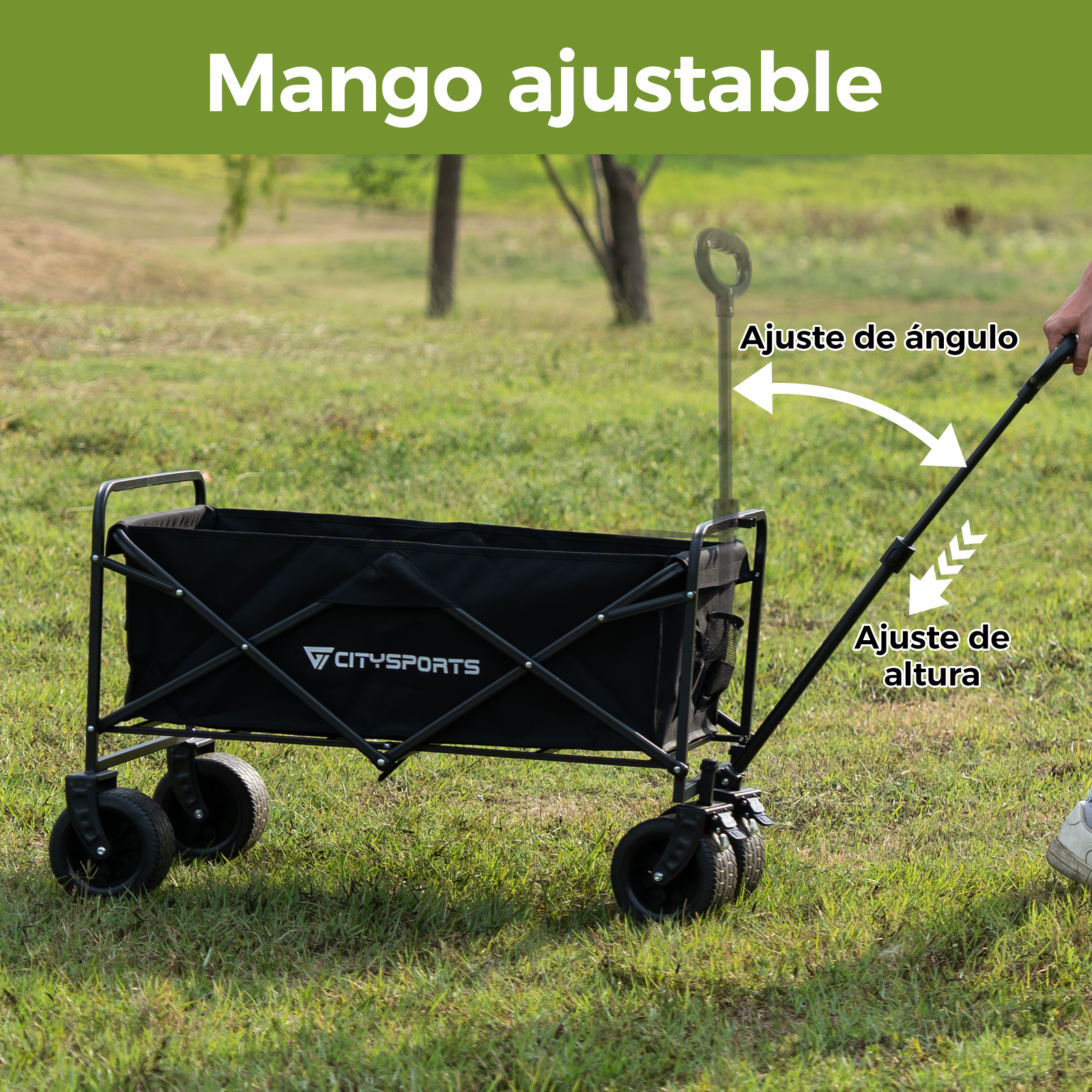 Un carro negro con mango ajustable está sobre hierba verde. El mango tiene ajustes de ángulo y altura. El carro dice Citysports.