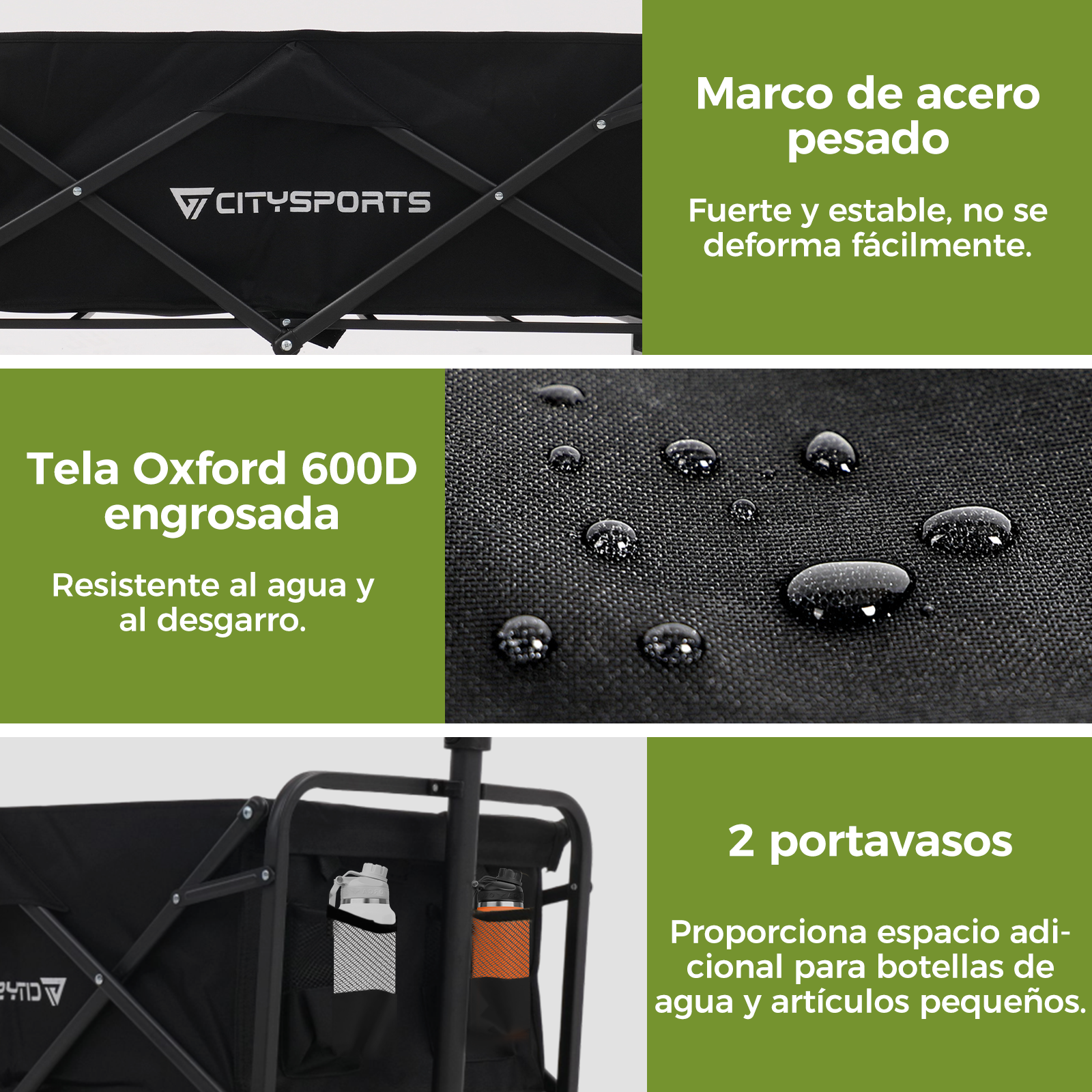 La imagen muestra un carro negro con características clave: marco de acero pesado, tejido Oxford 600D y dos portavasos para botellas.