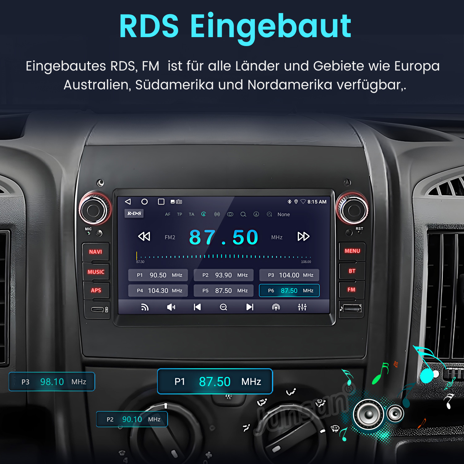 Autoradio-Bildschirm mit RDS, FM-Frequenz 87,50 MHz, mit Tasten für Musik, Navigation und Bluetooth. Der Hintergrund ist ein Armaturenbrett.