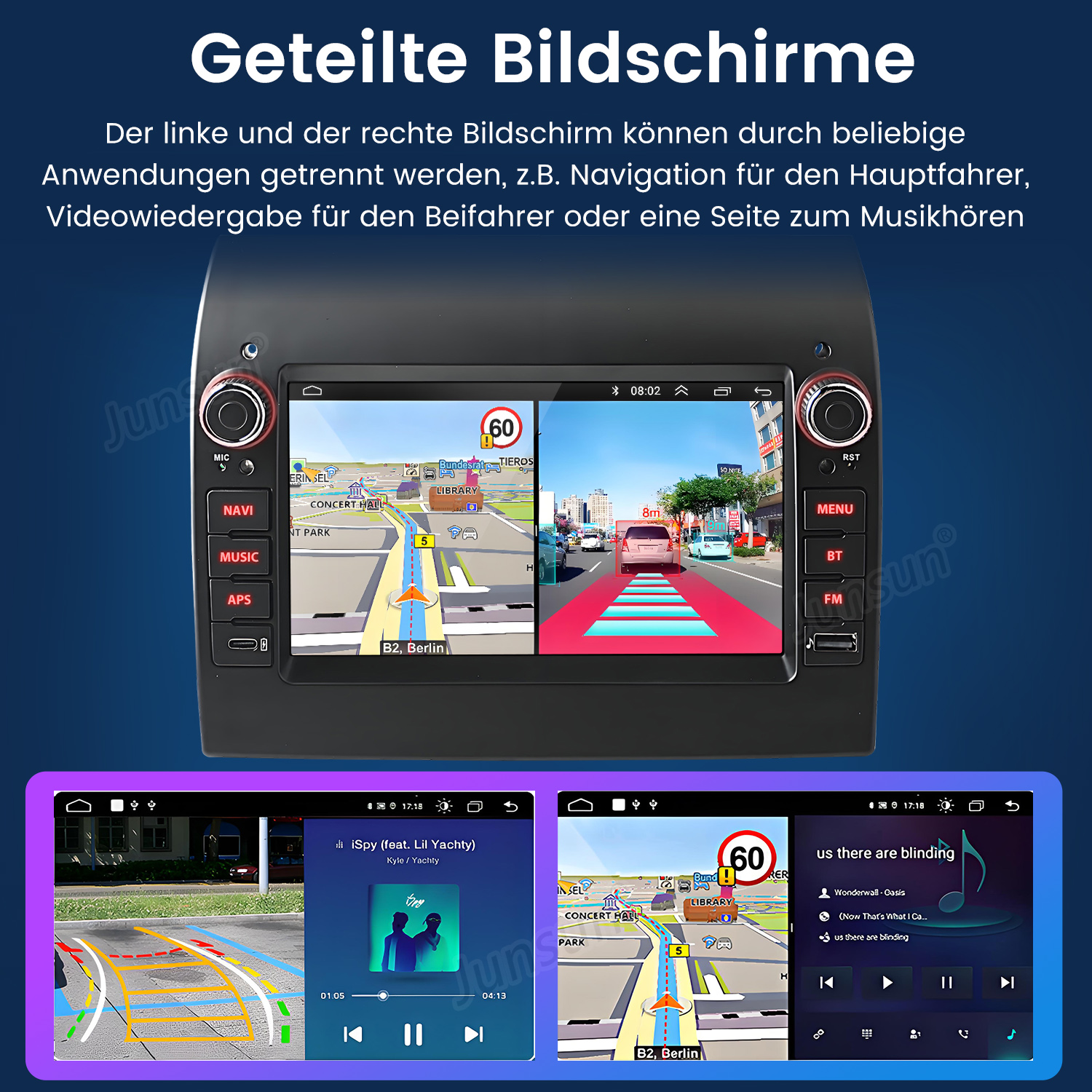 Auto-Navigationsbildschirm mit Karte, Musikplayer und Einstellungen. Zeigt Geschwindigkeitsbegrenzung und andere Auto-Infos.
