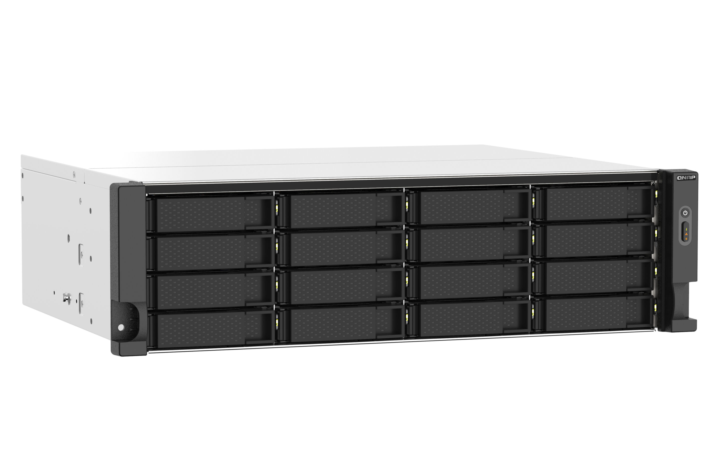 Un server NAS QNAP in bianco e nero, con 16 vani unità visibili. Pulsante di accensione e spie di stato a destra.