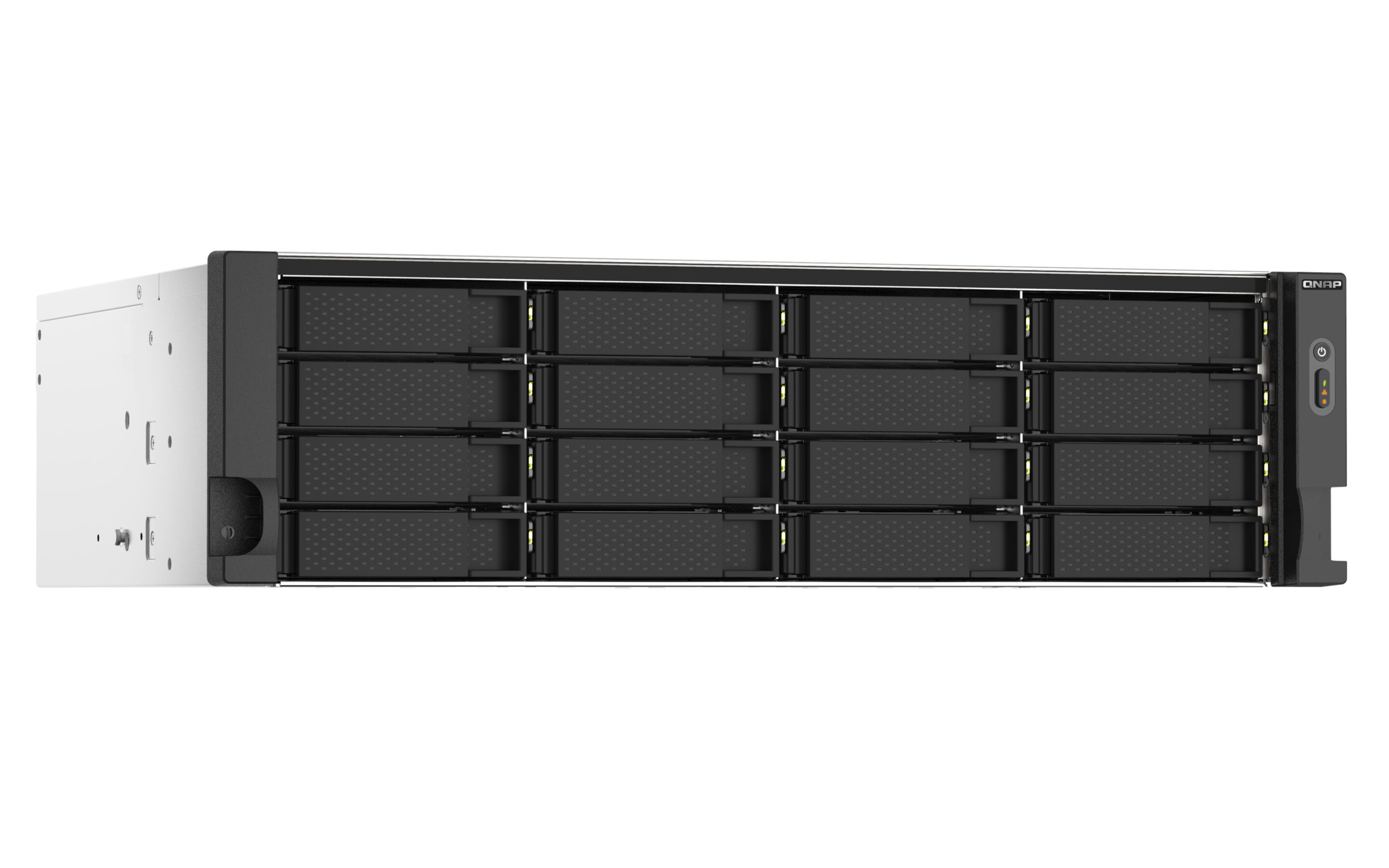 Un server QNAP in bianco e nero con più alloggiamenti per unità. Ha un pulsante di accensione, indicatori e una maniglia.