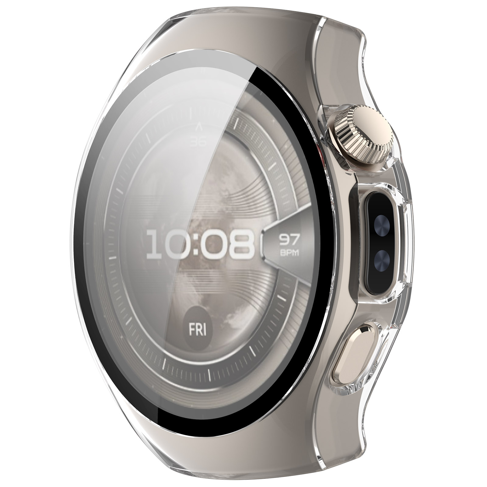 Een zilveren smartwatch met een transparante beschermhoes. Het scherm toont de tijd en datum, met een zijknop en kroon.